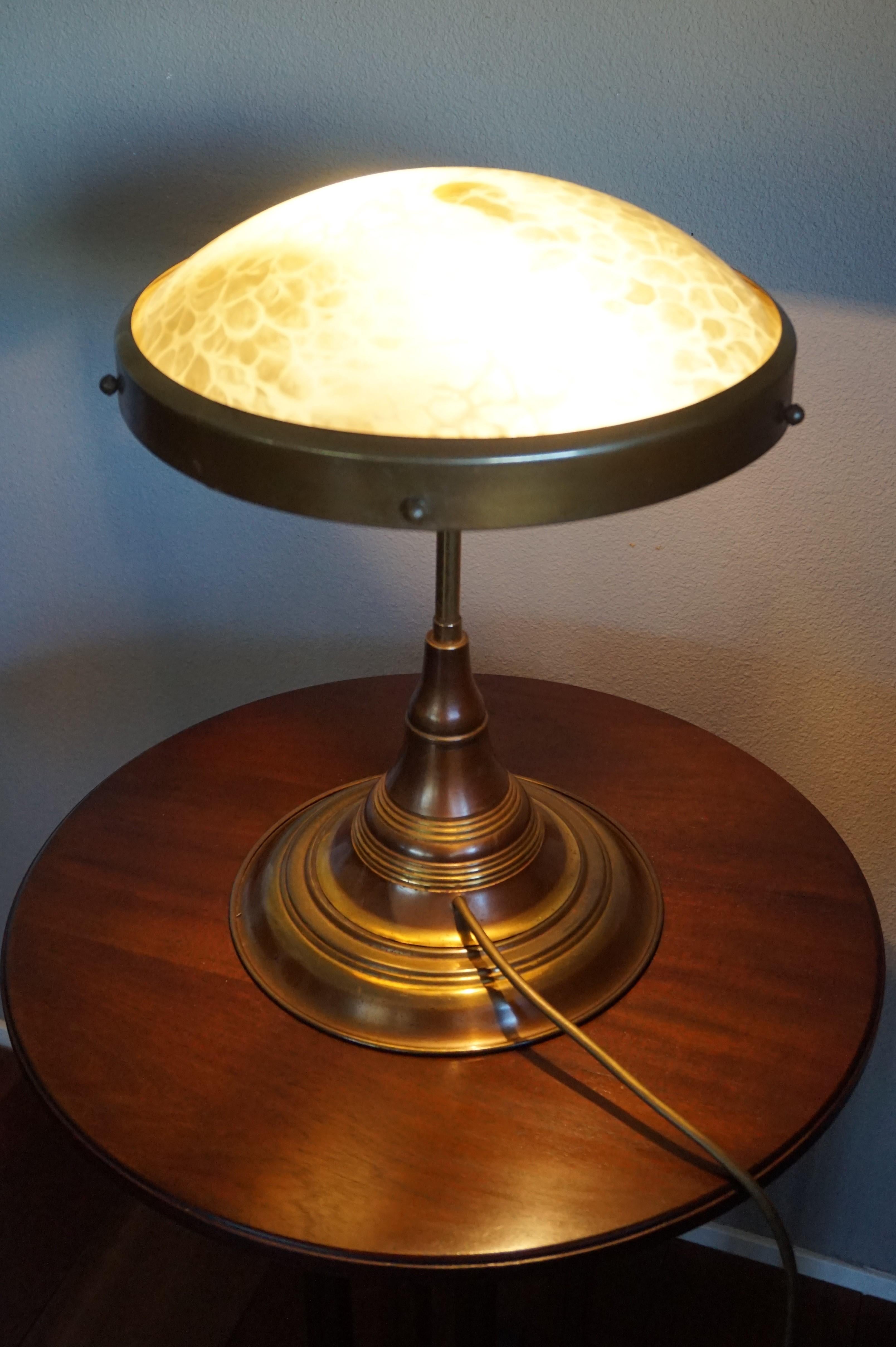 Perfect Size and Shape Art Deco Brass Table or Desk Lamp with Art Glass Shade 2