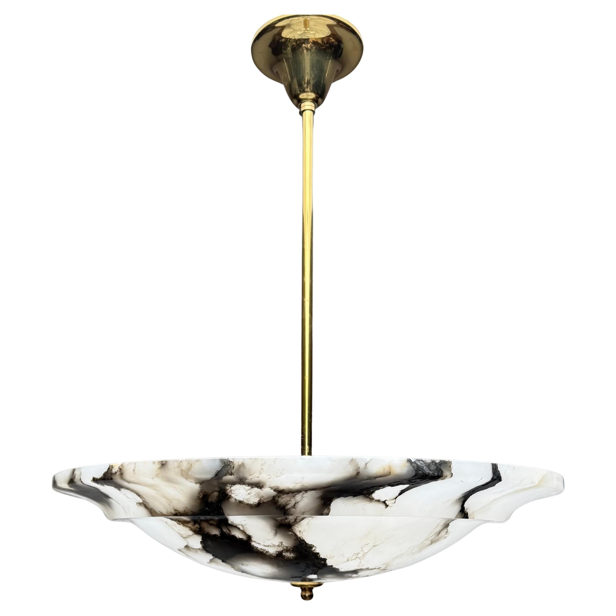 Perfect Size  Art Deco Pendant Flush Mount Alabaster Shade & Bronze Stem, 1920s