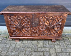 Stunning Antique Gothic Revival Hand Carved Elm Wood Blanket Chest / Trunk 1750