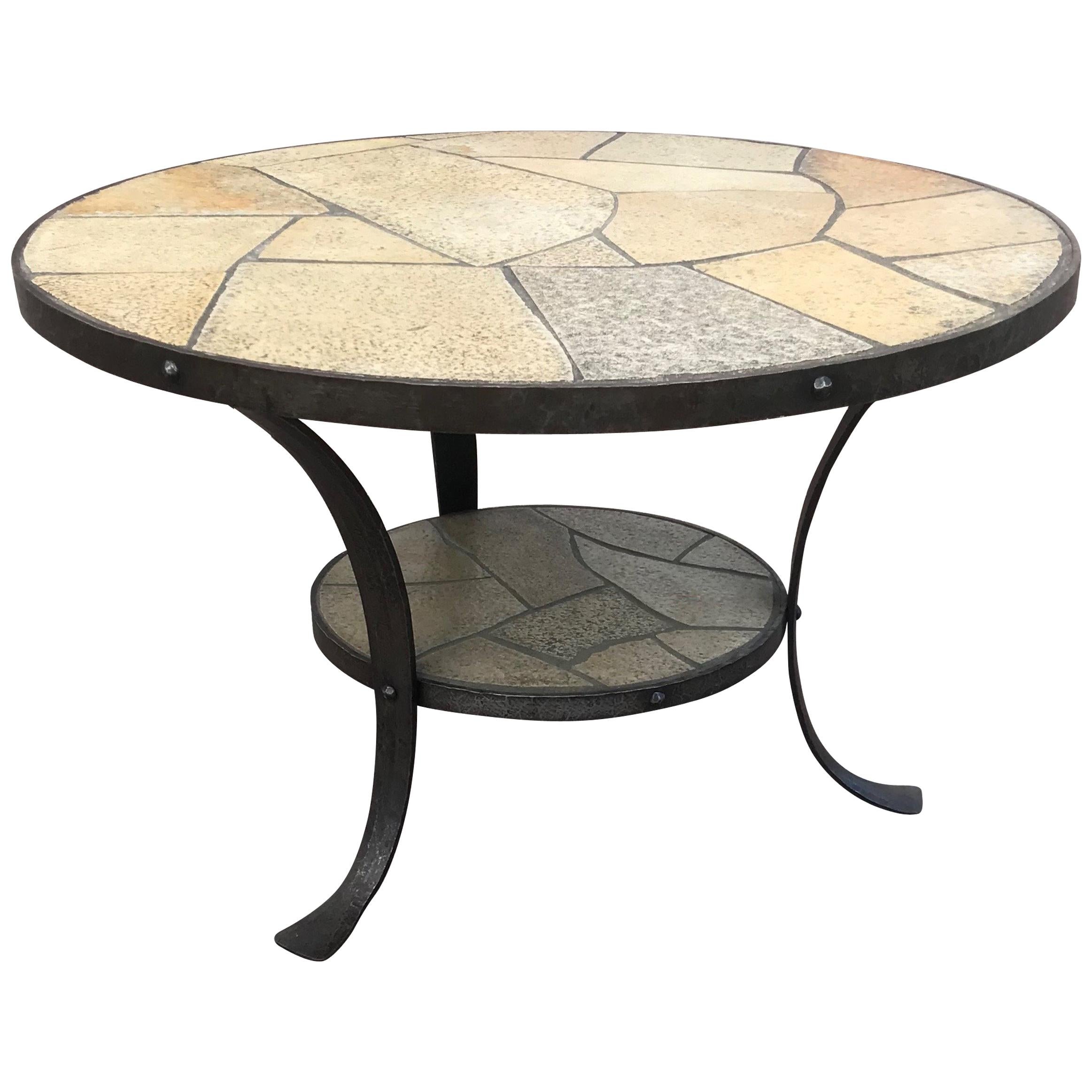 Perfect Size Midcentury Modern Wrought Iron Base & Slate Stone Top Coffee Table For Sale