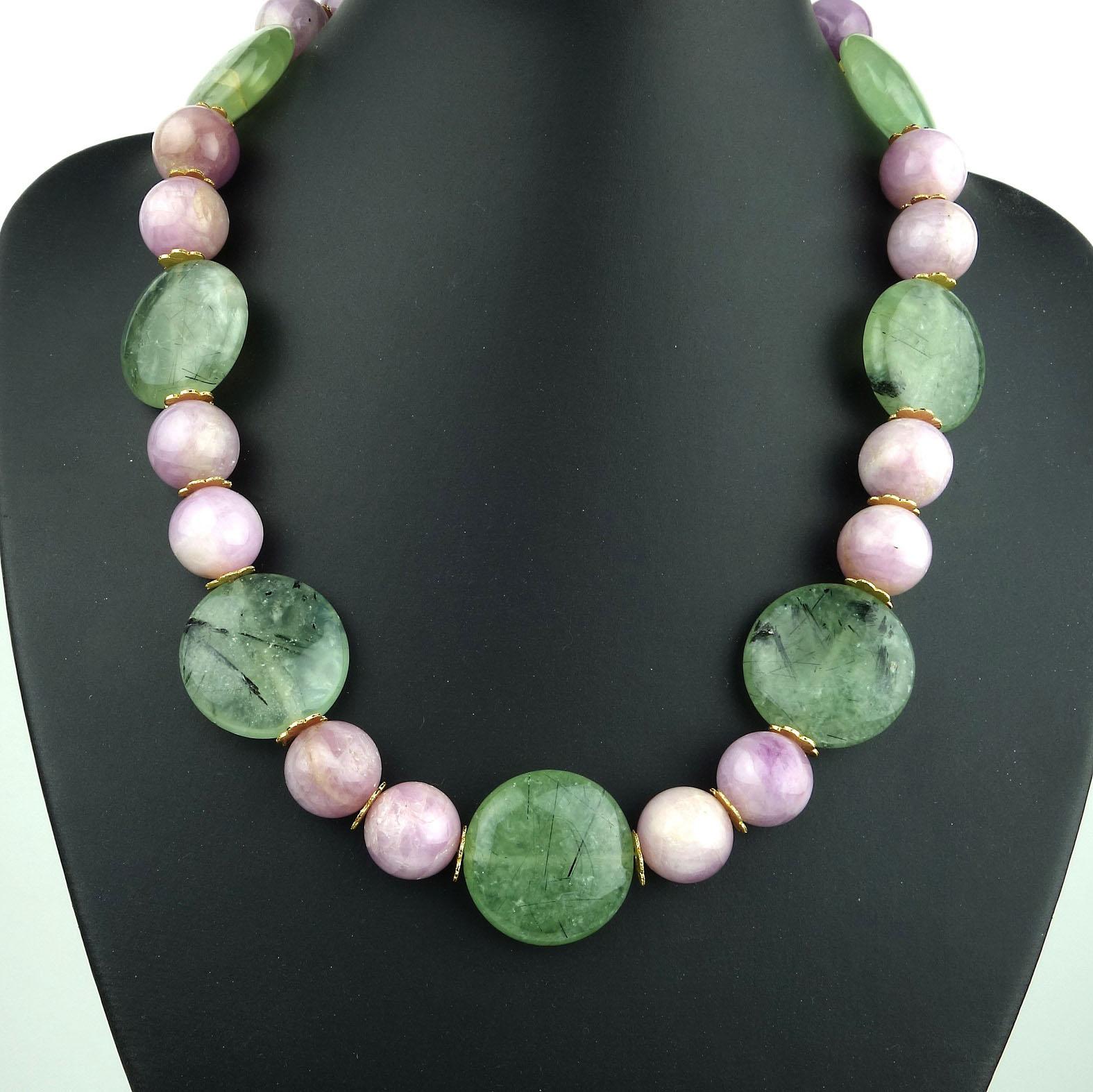 Glowing Summer necklace of Pink Kunzite 14 MM  beads and green Prehnite 25 MM discs. This extraordinary necklace is enhanced with gold tone fluted spacers and a vermeil hook closure.  The beautiful Brazilian Prehnite comes from one of our favorite