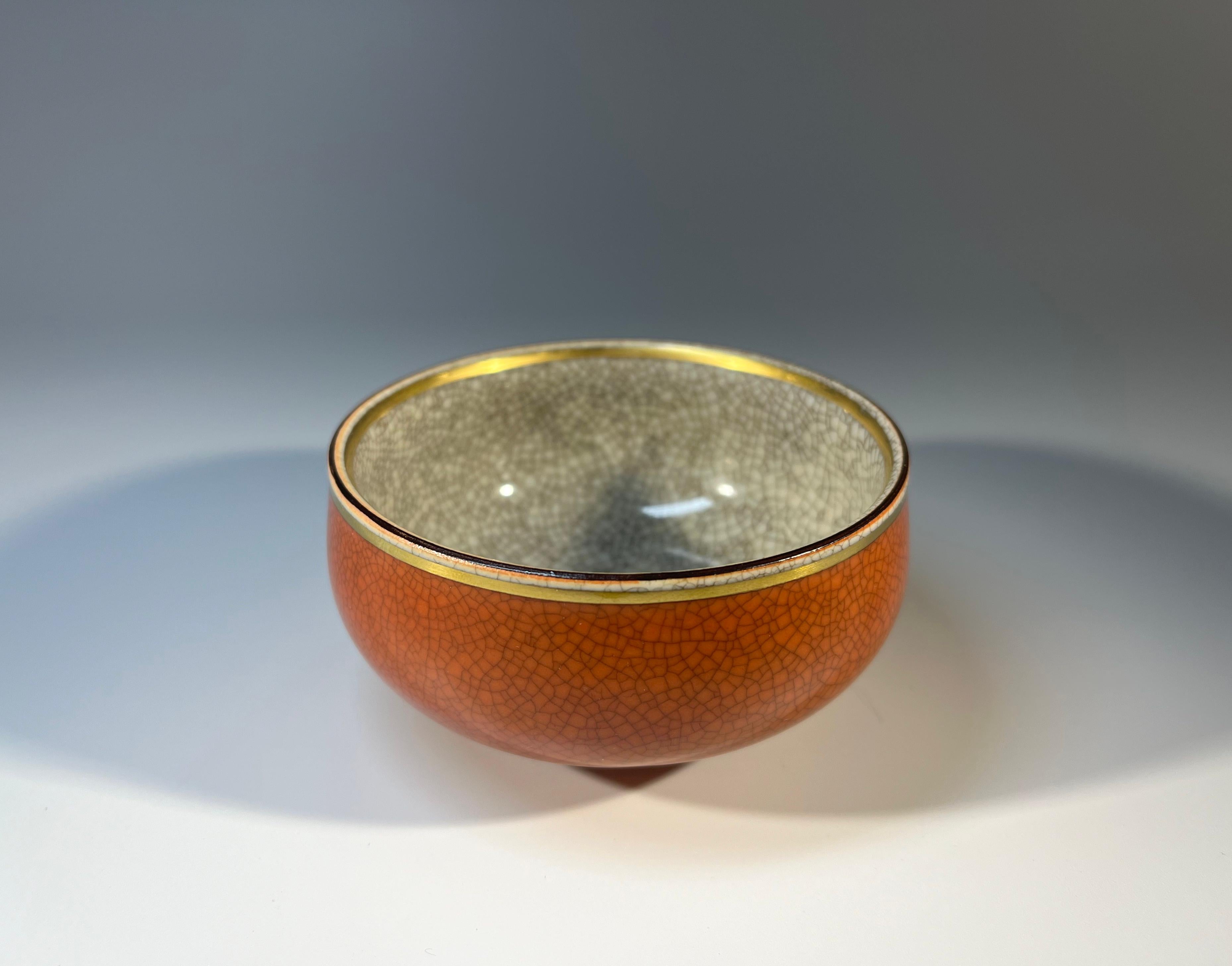 Art Deco Perfect Thorkild Olsen Small Bowl Royal Copenhagen Terracotta Crackle Glaze 2690 For Sale