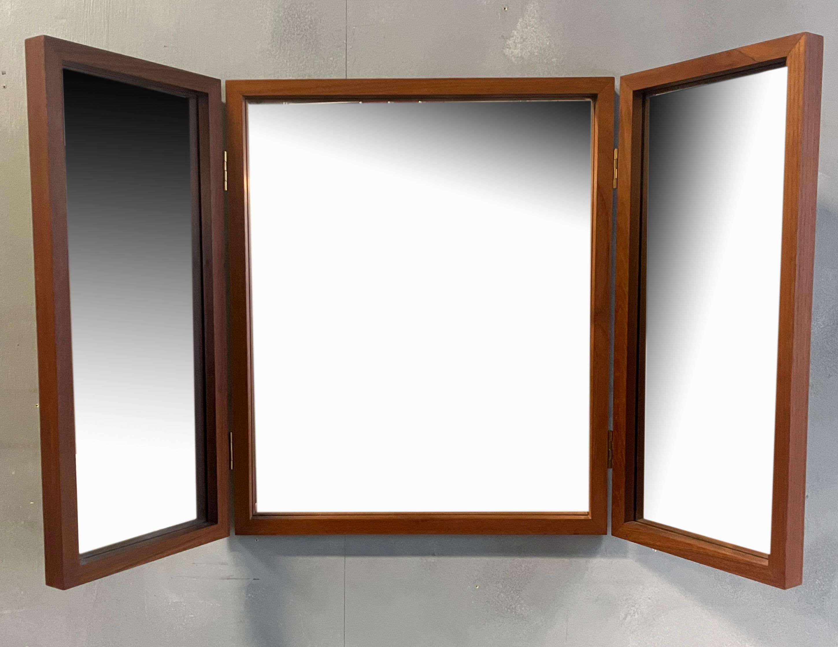 Danish Wall Mount or Table Trifold Teak Vanity Mirror Kai Kristiansen For Sale