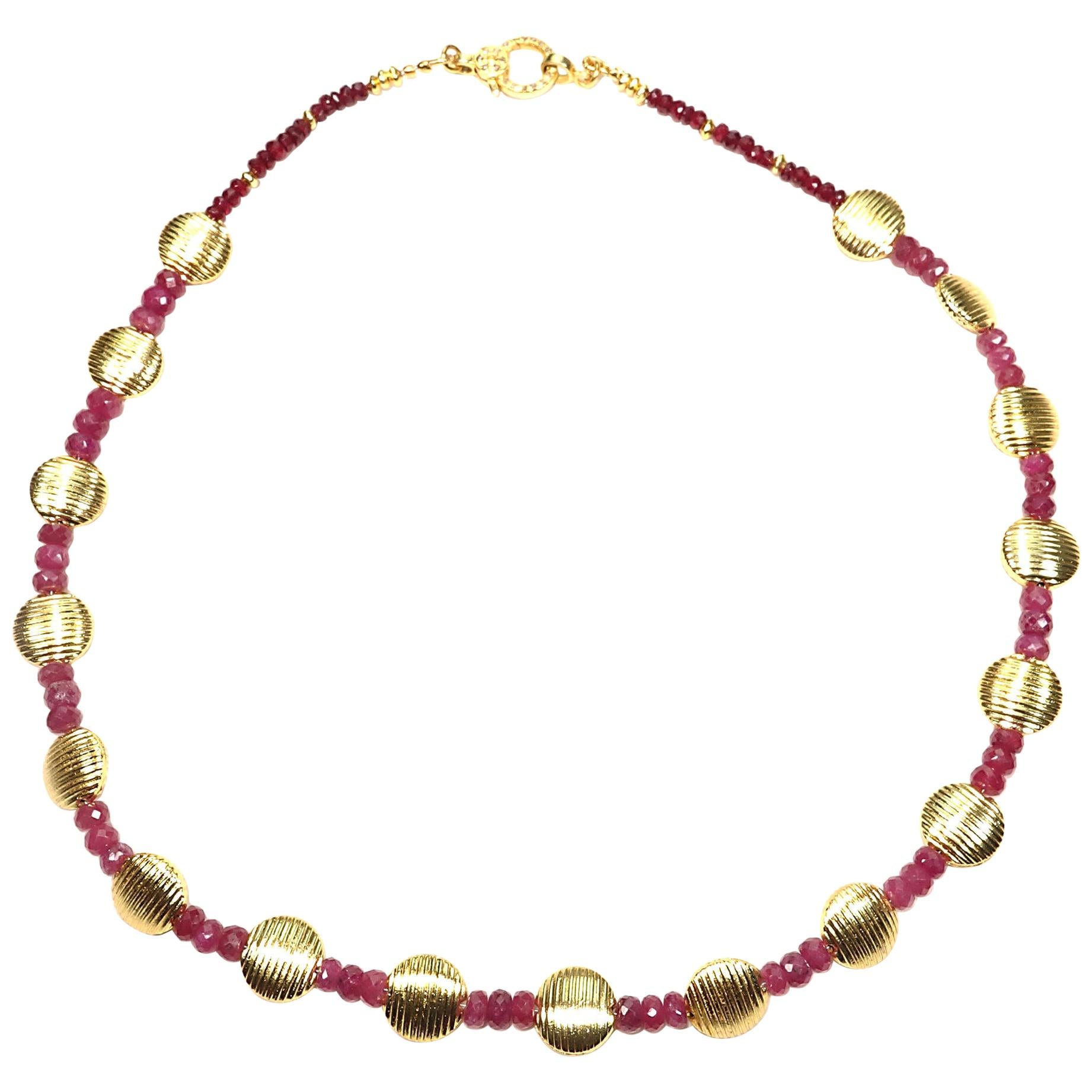 17 Inch delicate Ruby rondelles and gold filled disc Choker necklace. This unique choker is perfect for July baby because it features these gorgeous rubies, the July birthstone. The rubies are 4mm and the gold filled striated discs are 10mm. This