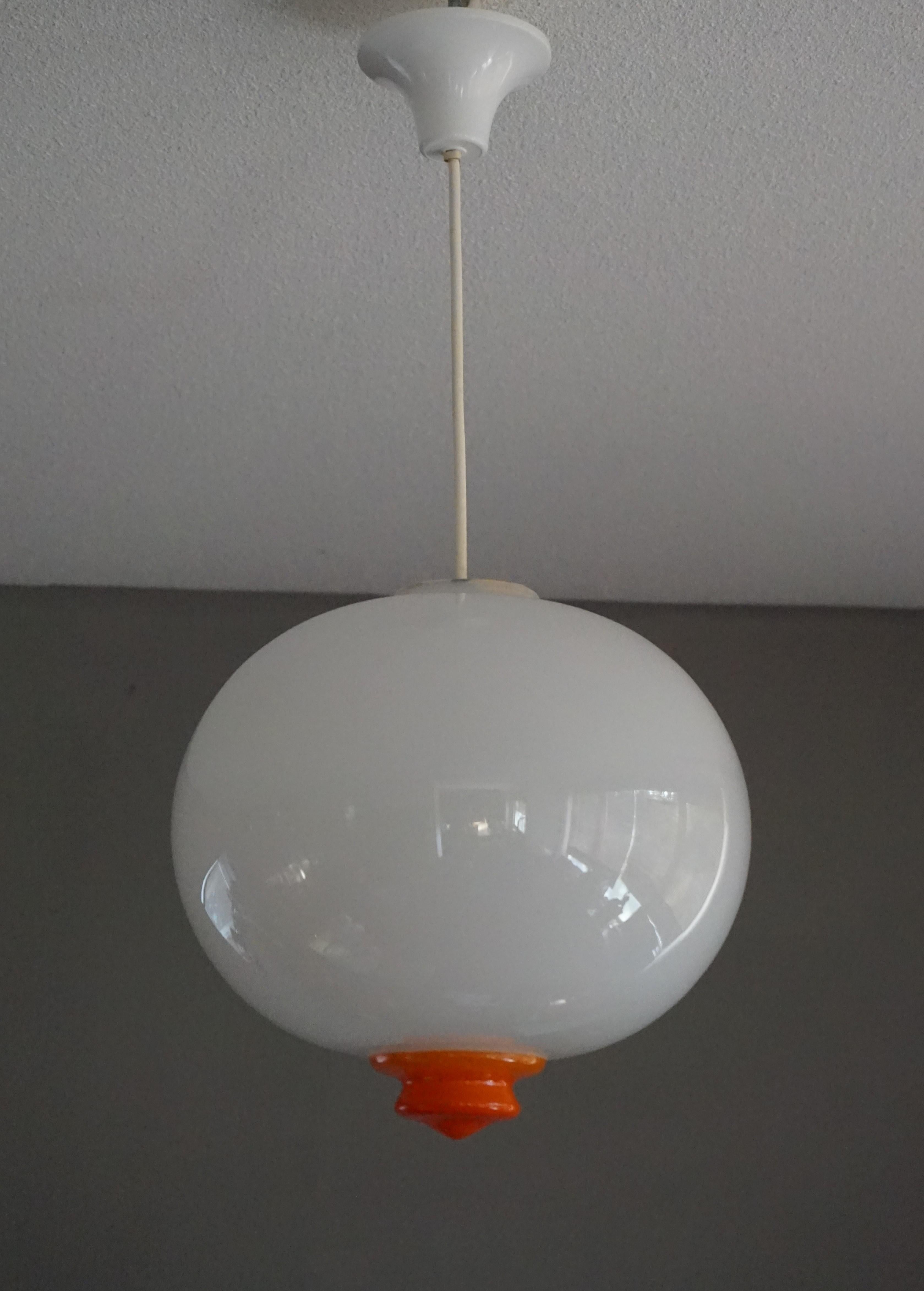 Perfect White and Vibrant Orange Mid-Century Modern Pendant / Light Fixture For Sale 2