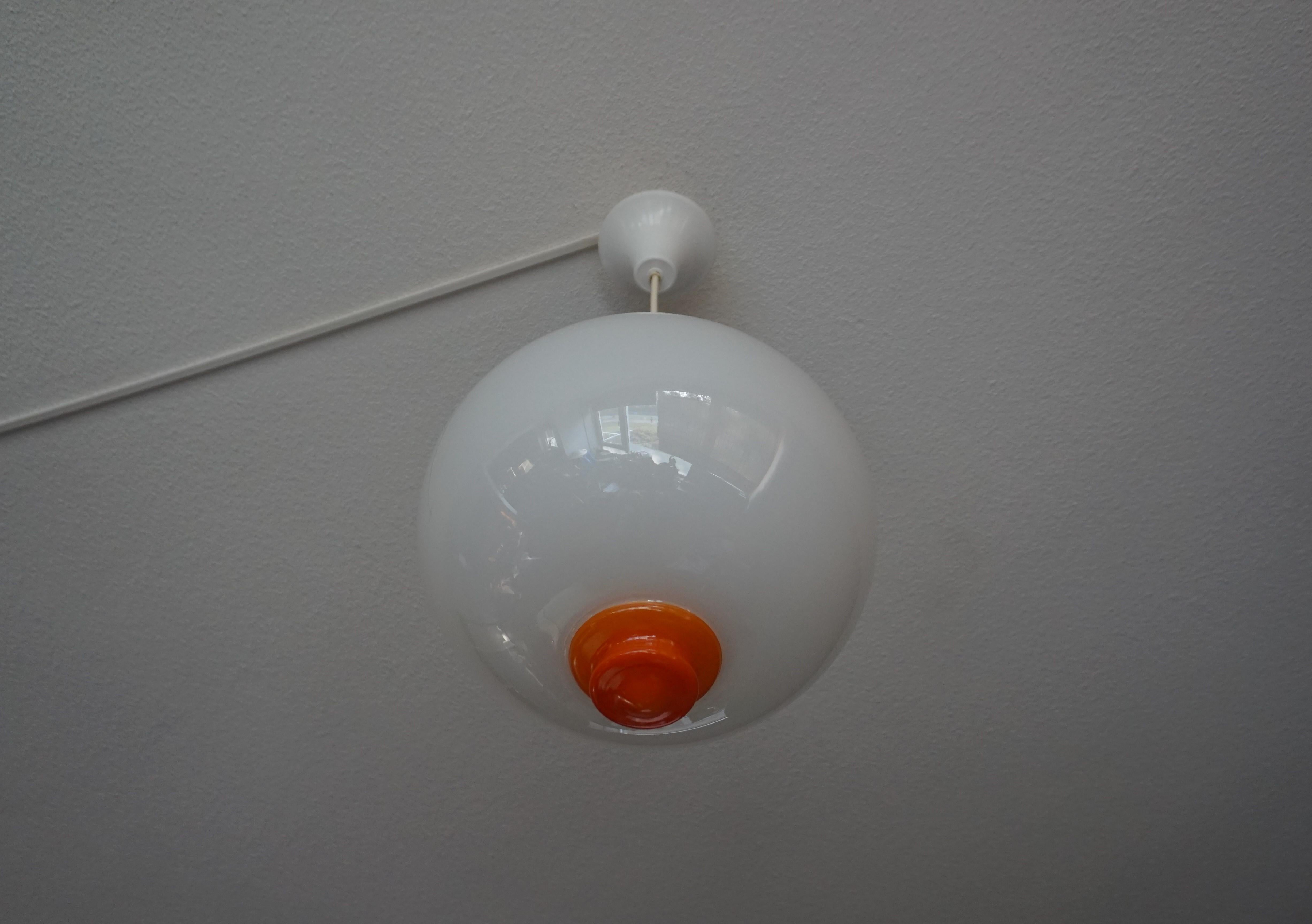 Perfect White and Vibrant Orange Mid-Century Modern Pendant / Light Fixture For Sale 3