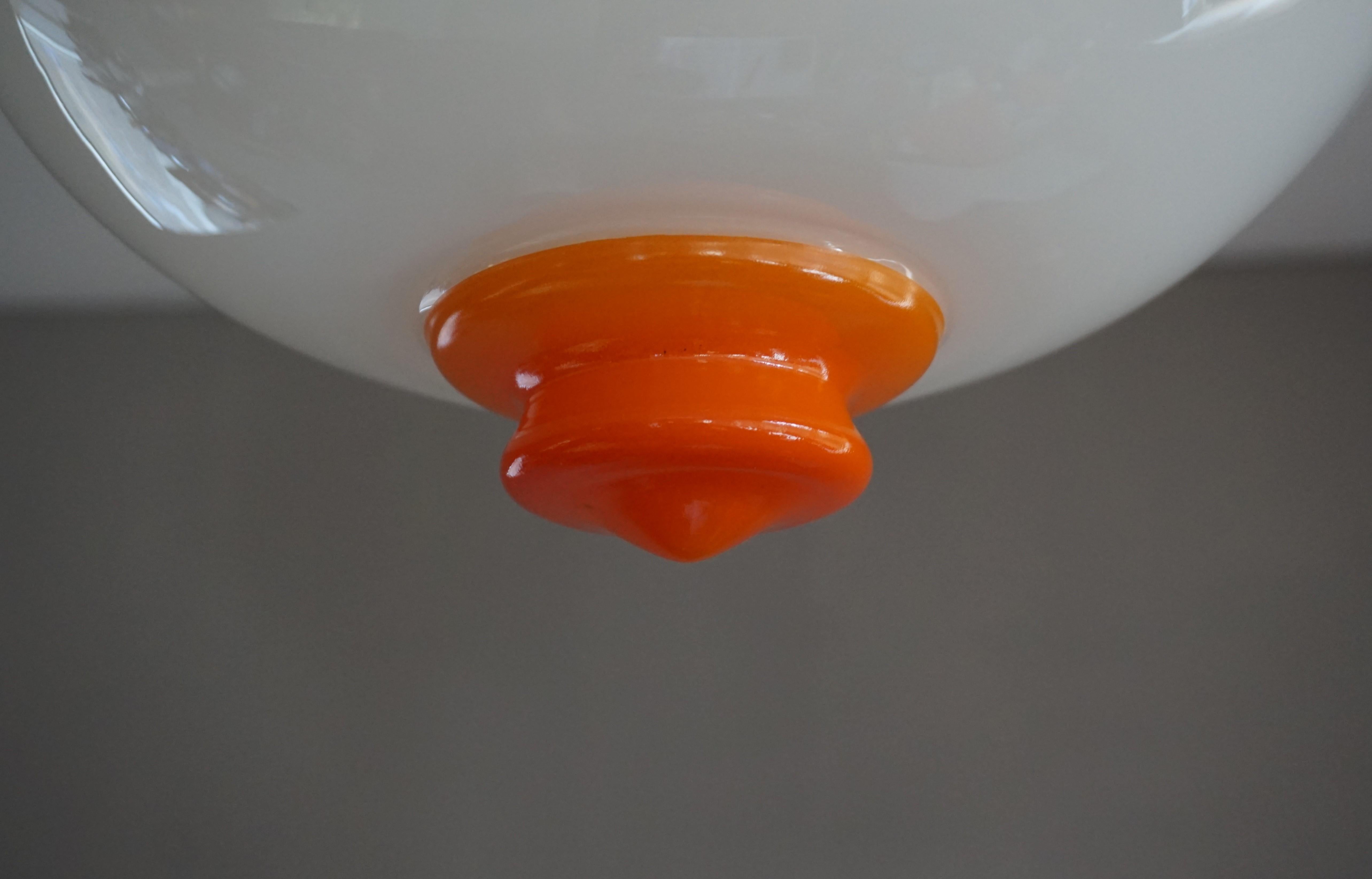 Perfect White and Vibrant Orange Mid-Century Modern Pendant / Light Fixture For Sale 4