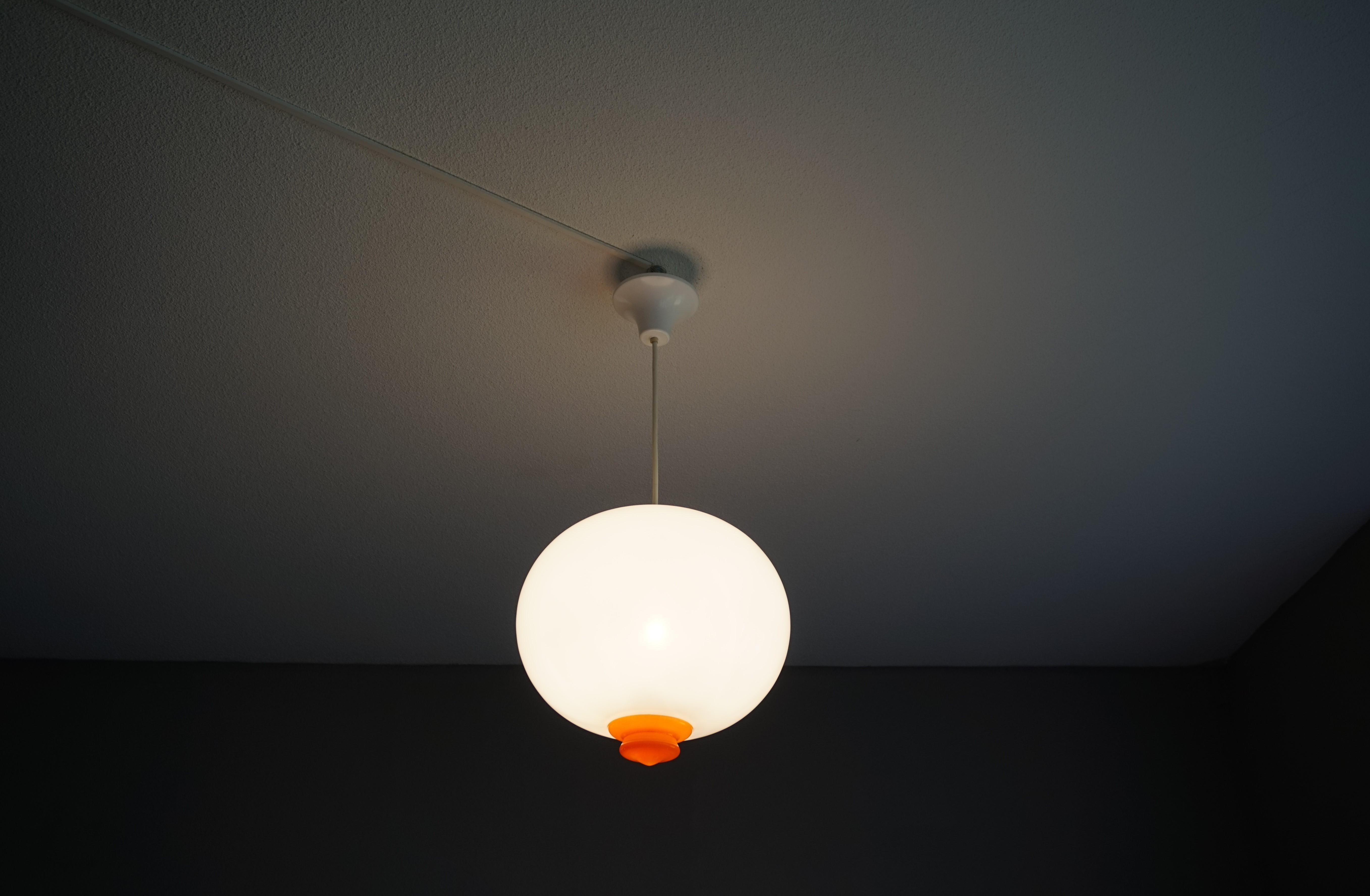 Perfect White and Vibrant Orange Mid-Century Modern Pendant / Light Fixture For Sale 5
