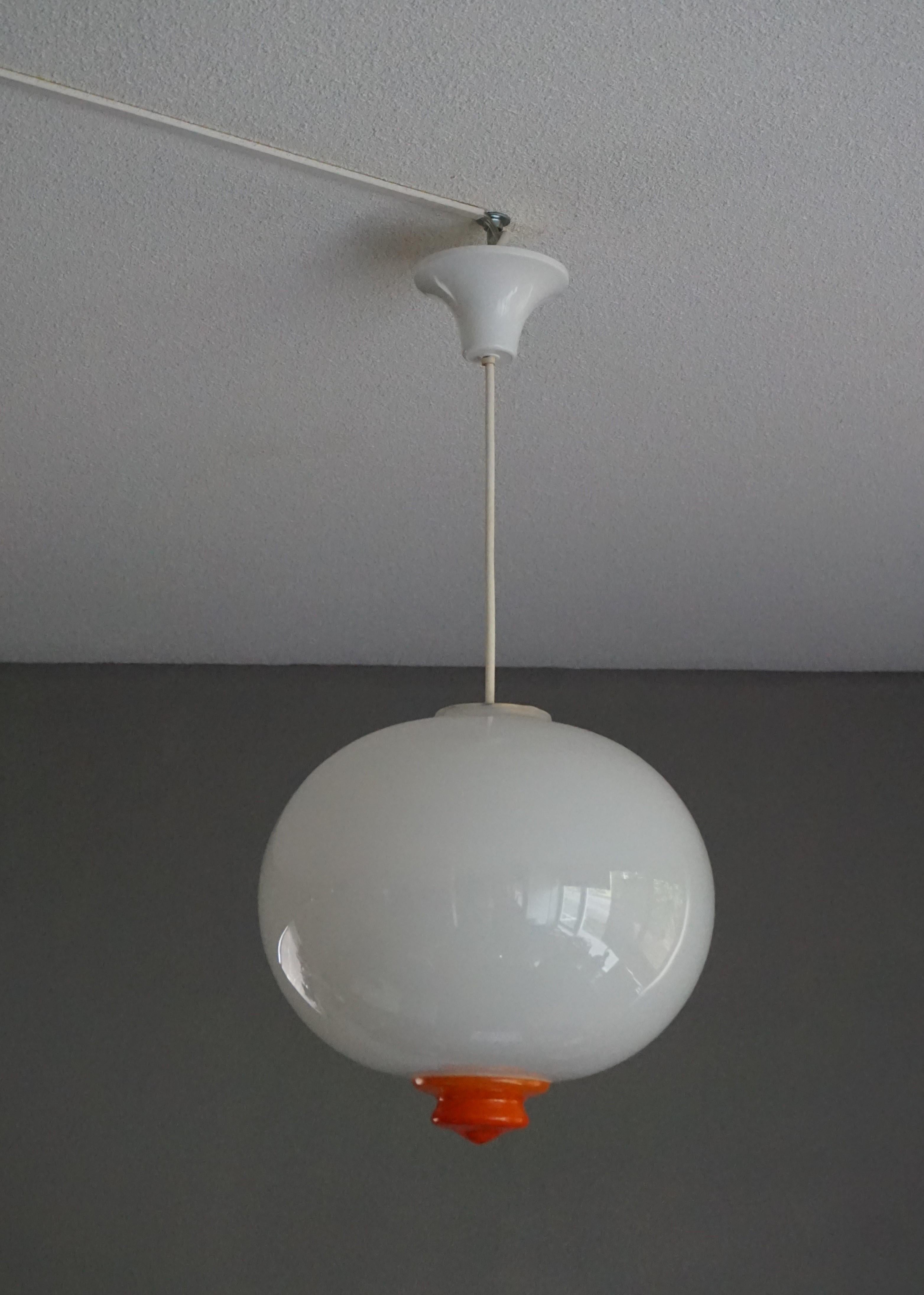 Perfect White and Vibrant Orange Mid-Century Modern Pendant / Light Fixture For Sale 7