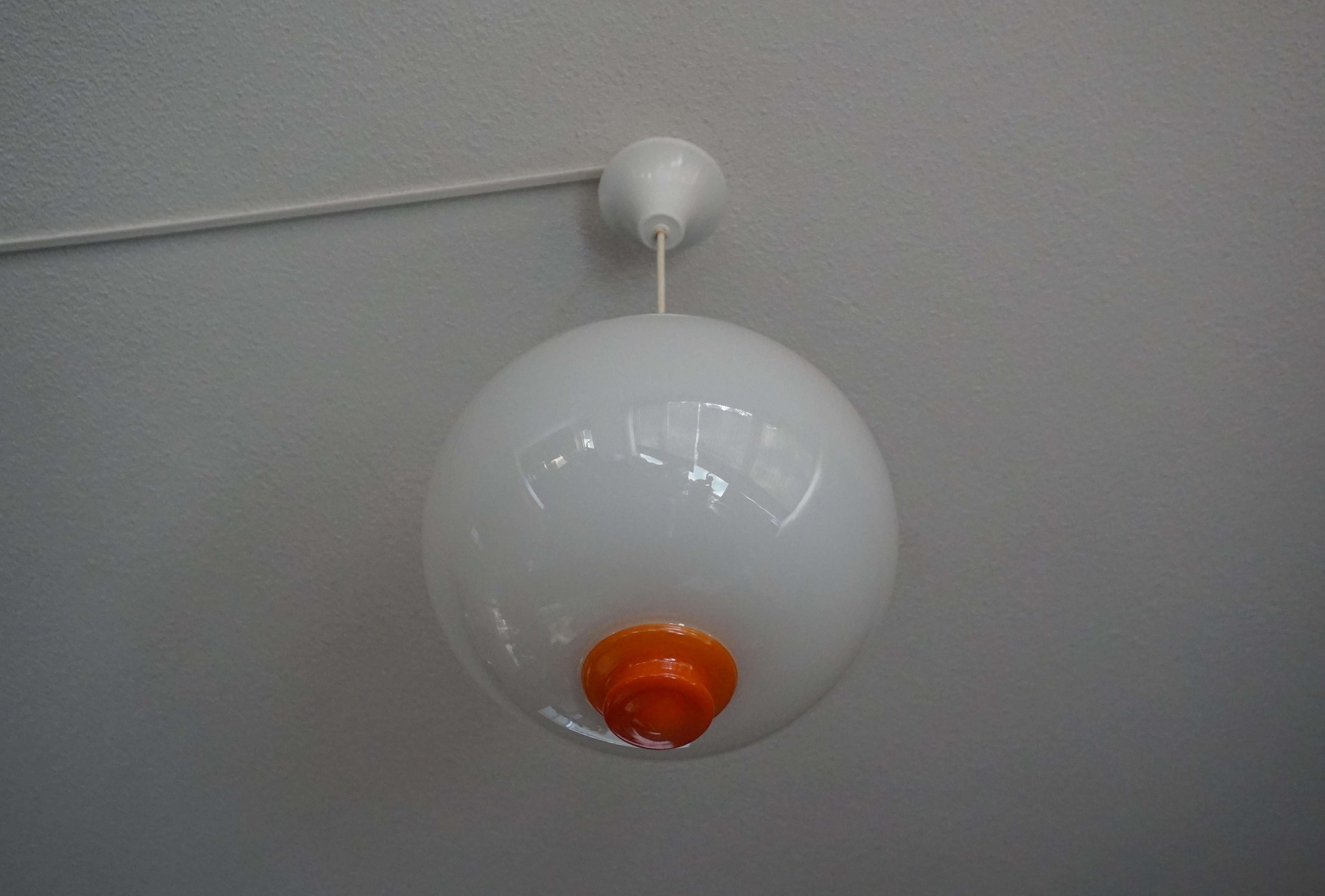European Perfect White and Vibrant Orange Mid-Century Modern Pendant / Light Fixture For Sale