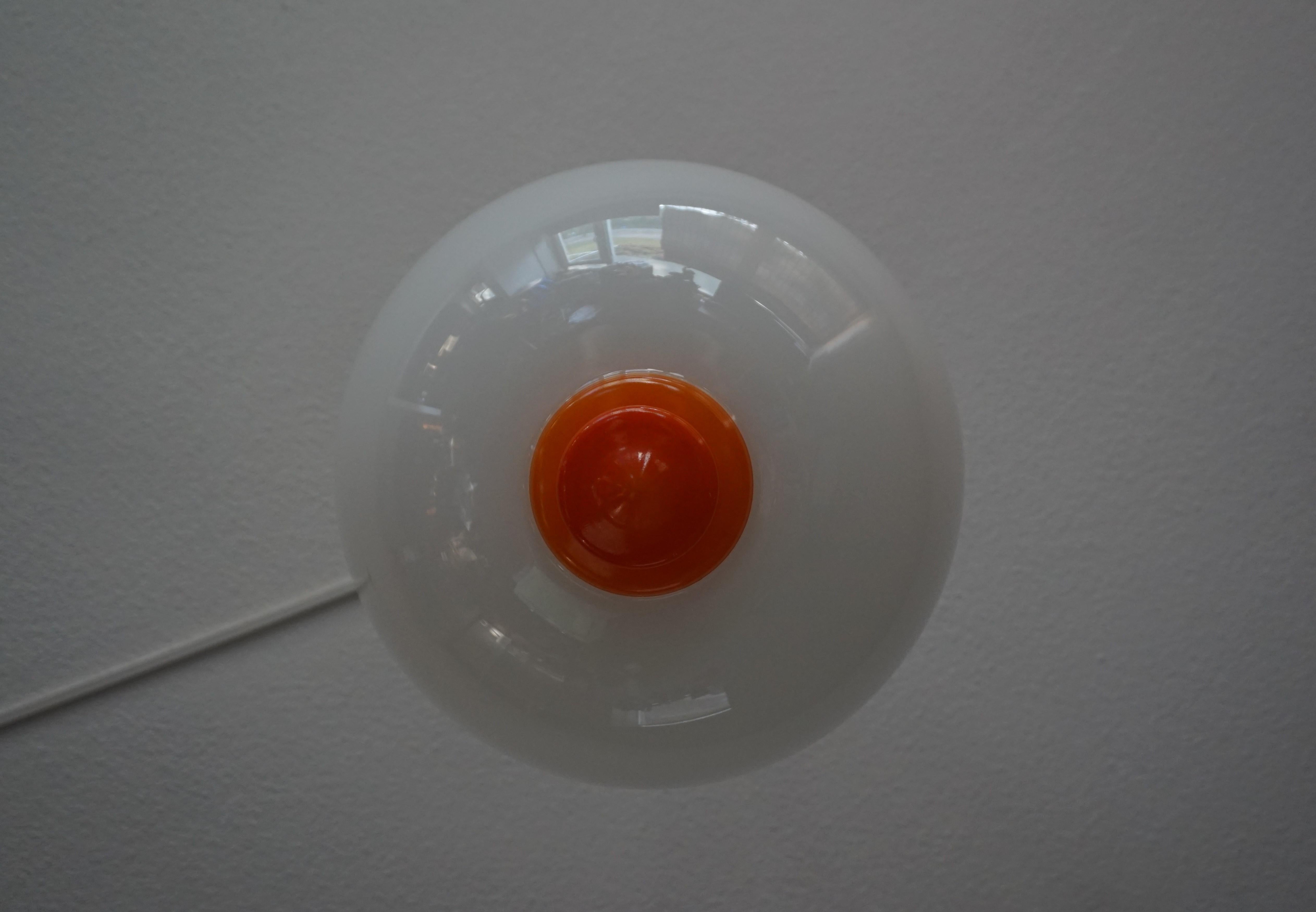 Hand-Crafted Perfect White and Vibrant Orange Mid-Century Modern Pendant / Light Fixture For Sale