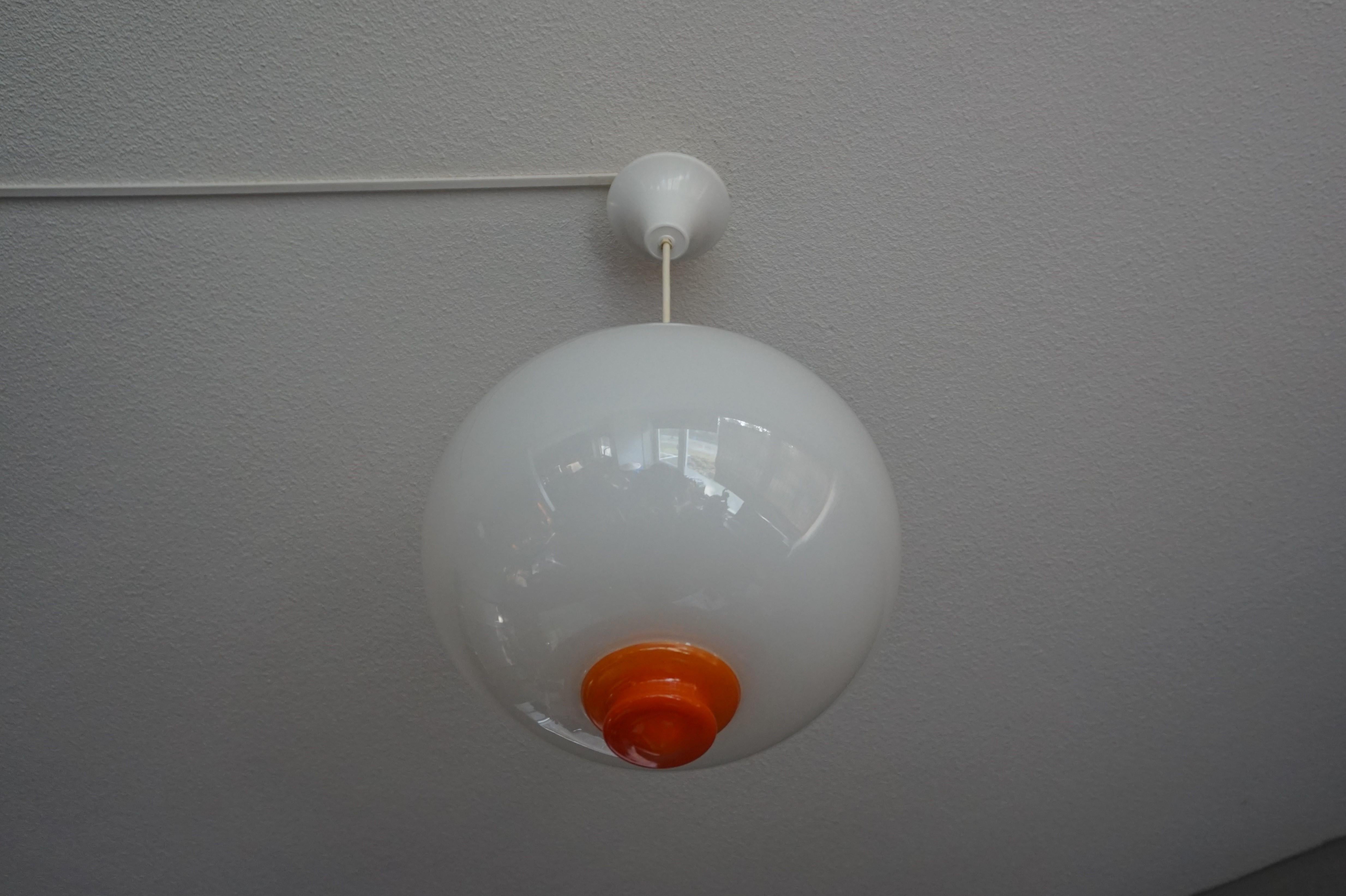 20th Century Perfect White and Vibrant Orange Mid-Century Modern Pendant / Light Fixture For Sale