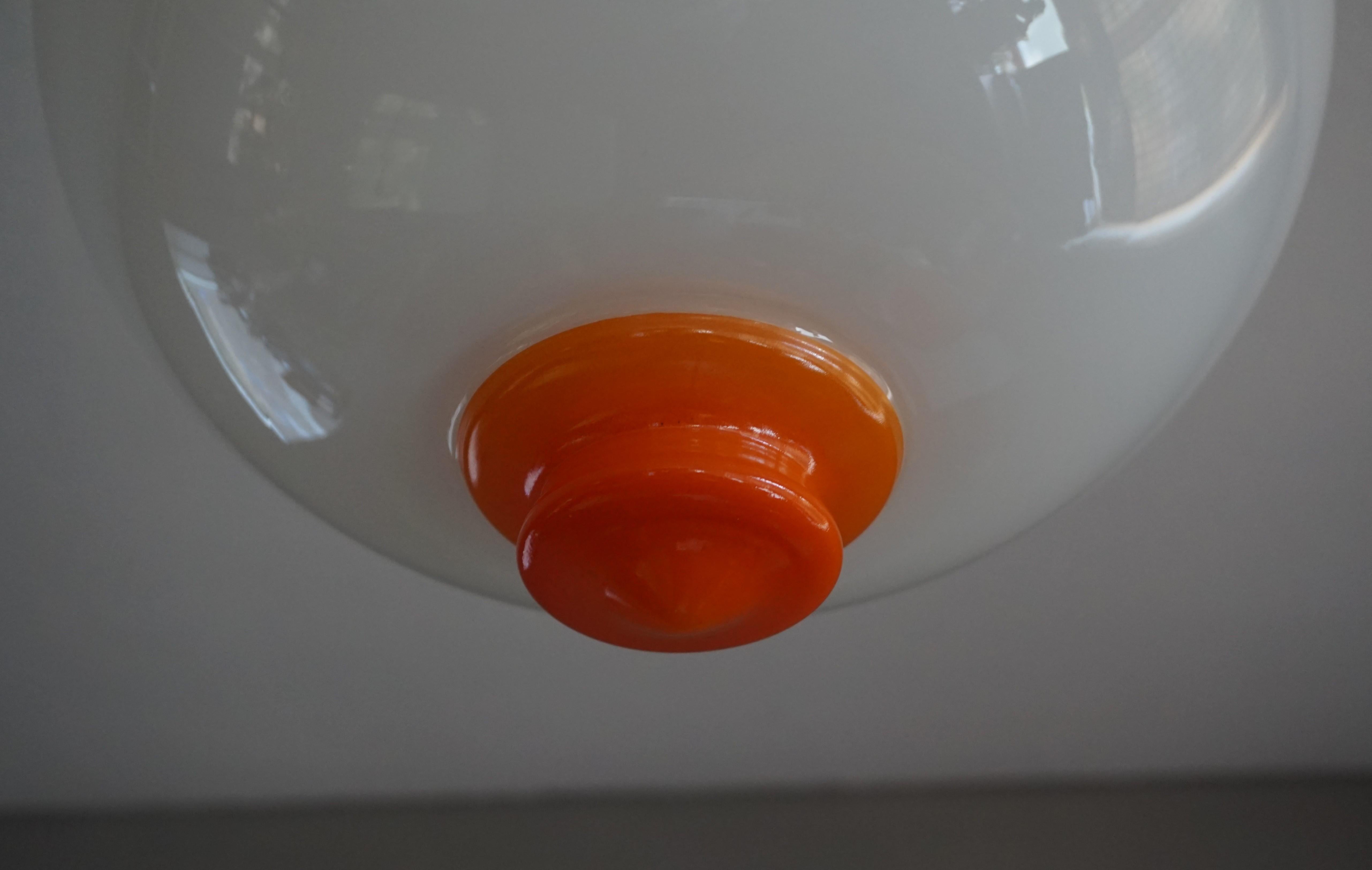 Glass Perfect White and Vibrant Orange Mid-Century Modern Pendant / Light Fixture For Sale