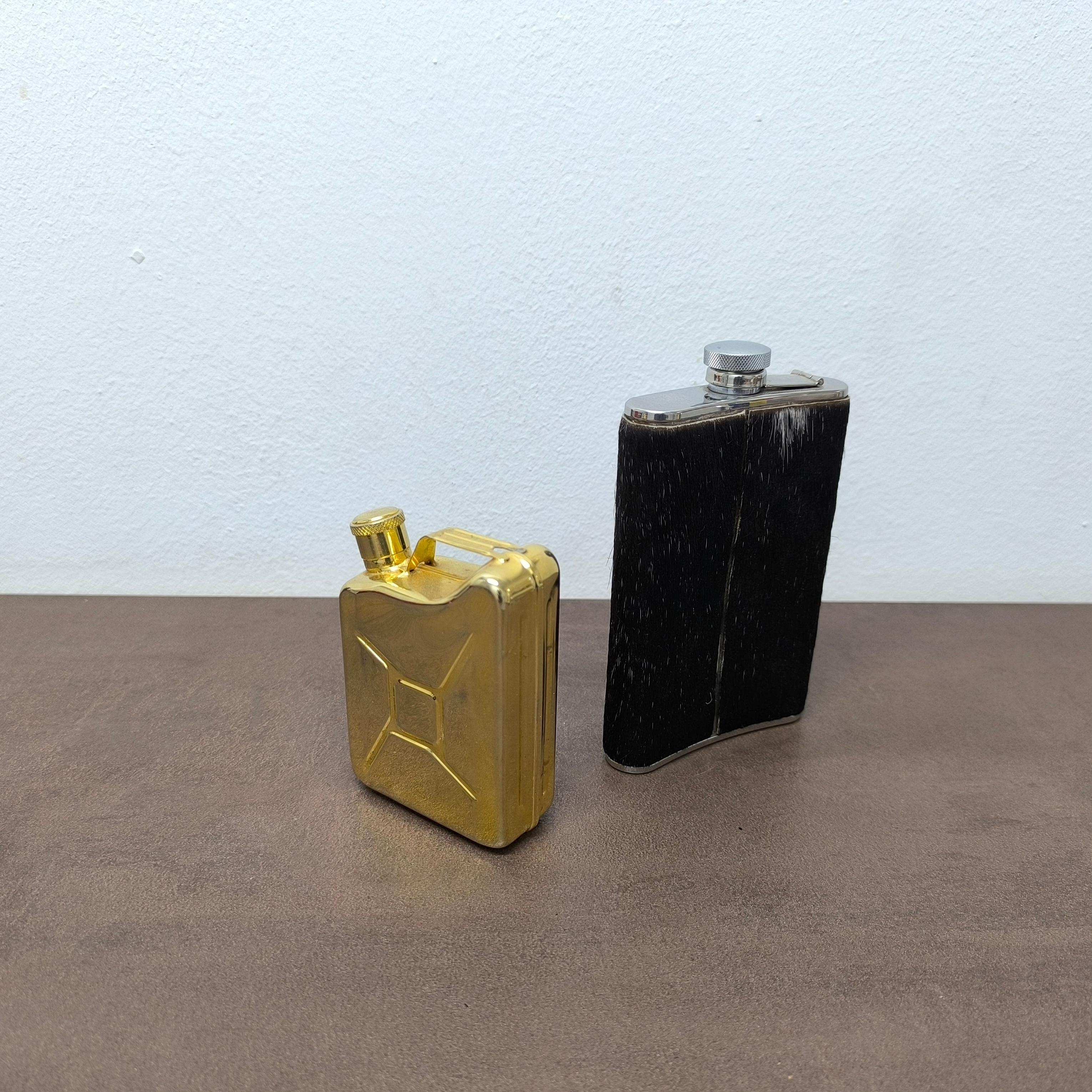 Stainless Steel HOLIDAY GIFT - Pair of Designer Flasks - Jerry Can & Fur-Wrapped Hip Flask For Sale