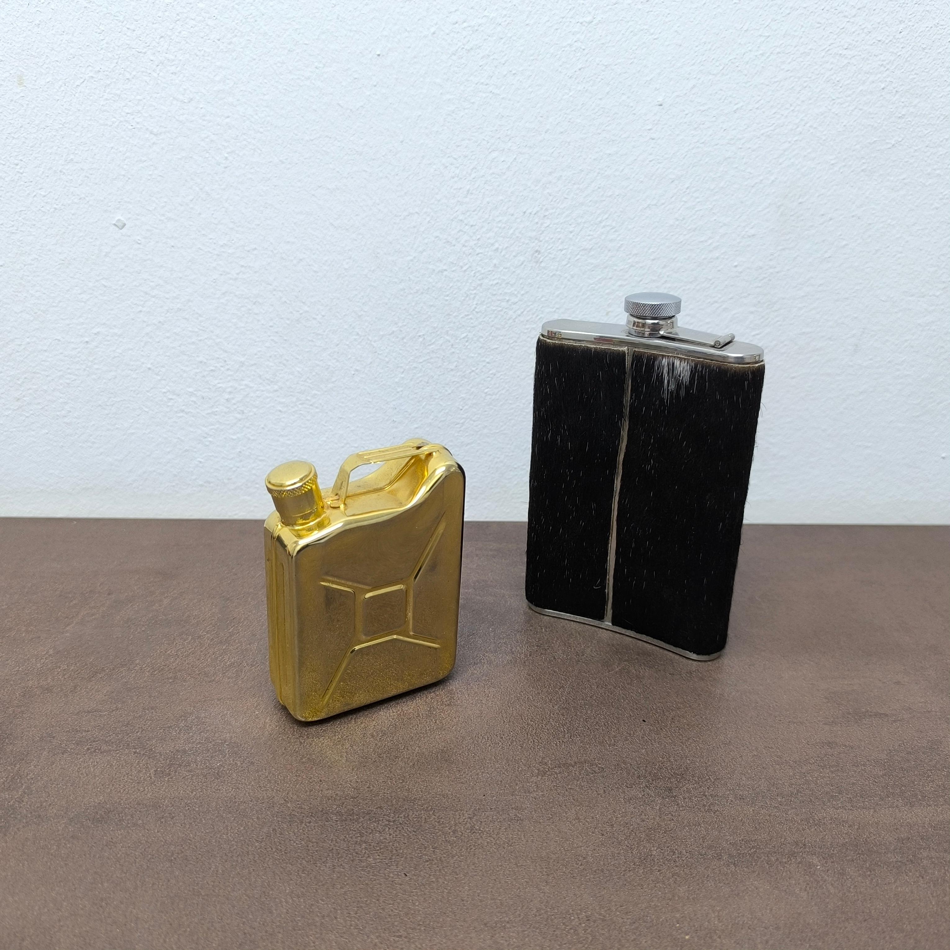 HOLIDAY GIFT - Pair of Designer Flasks - Jerry Can & Fur-Wrapped Hip Flask For Sale 1
