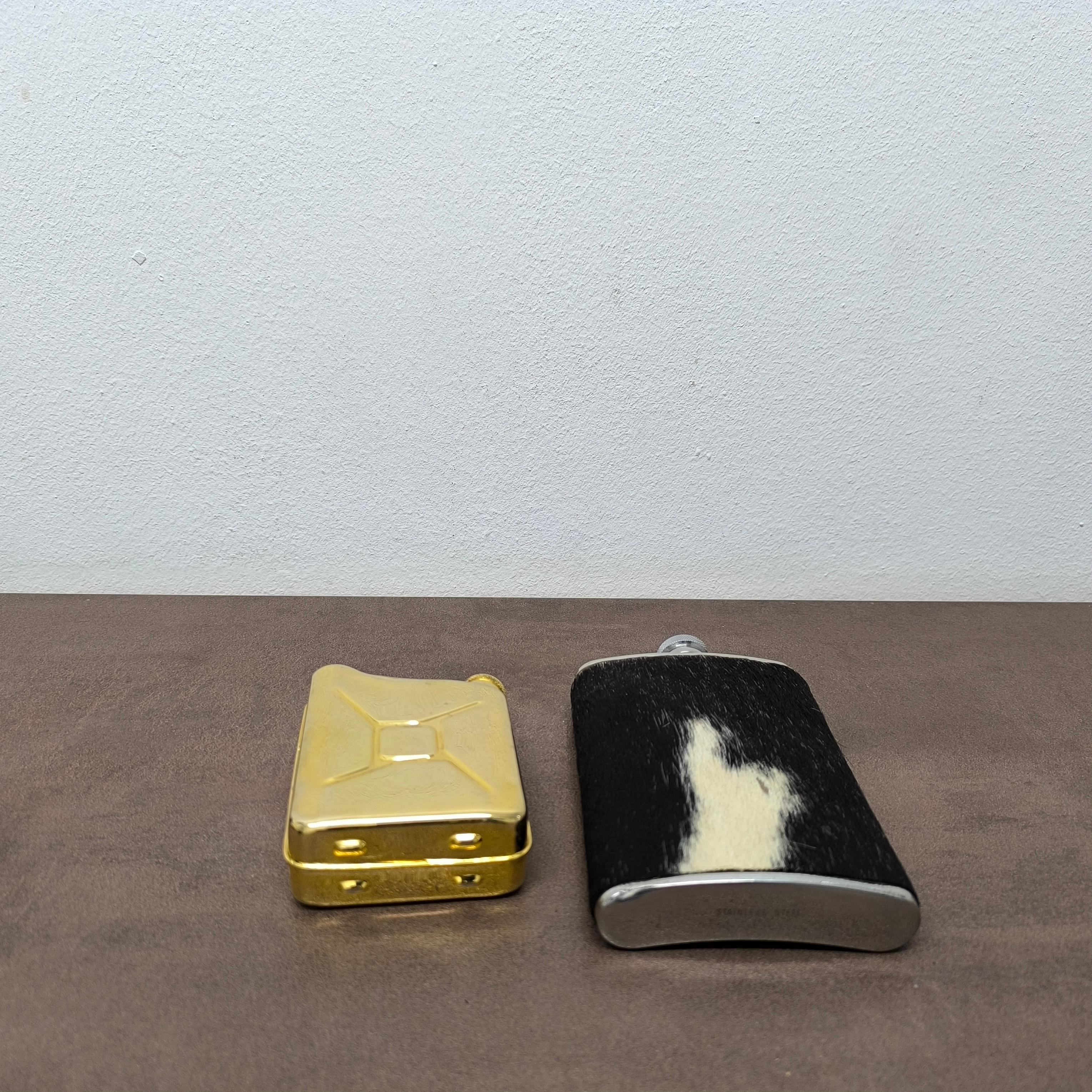 HOLIDAY GIFT - Pair of Designer Flasks - Jerry Can & Fur-Wrapped Hip Flask For Sale 3