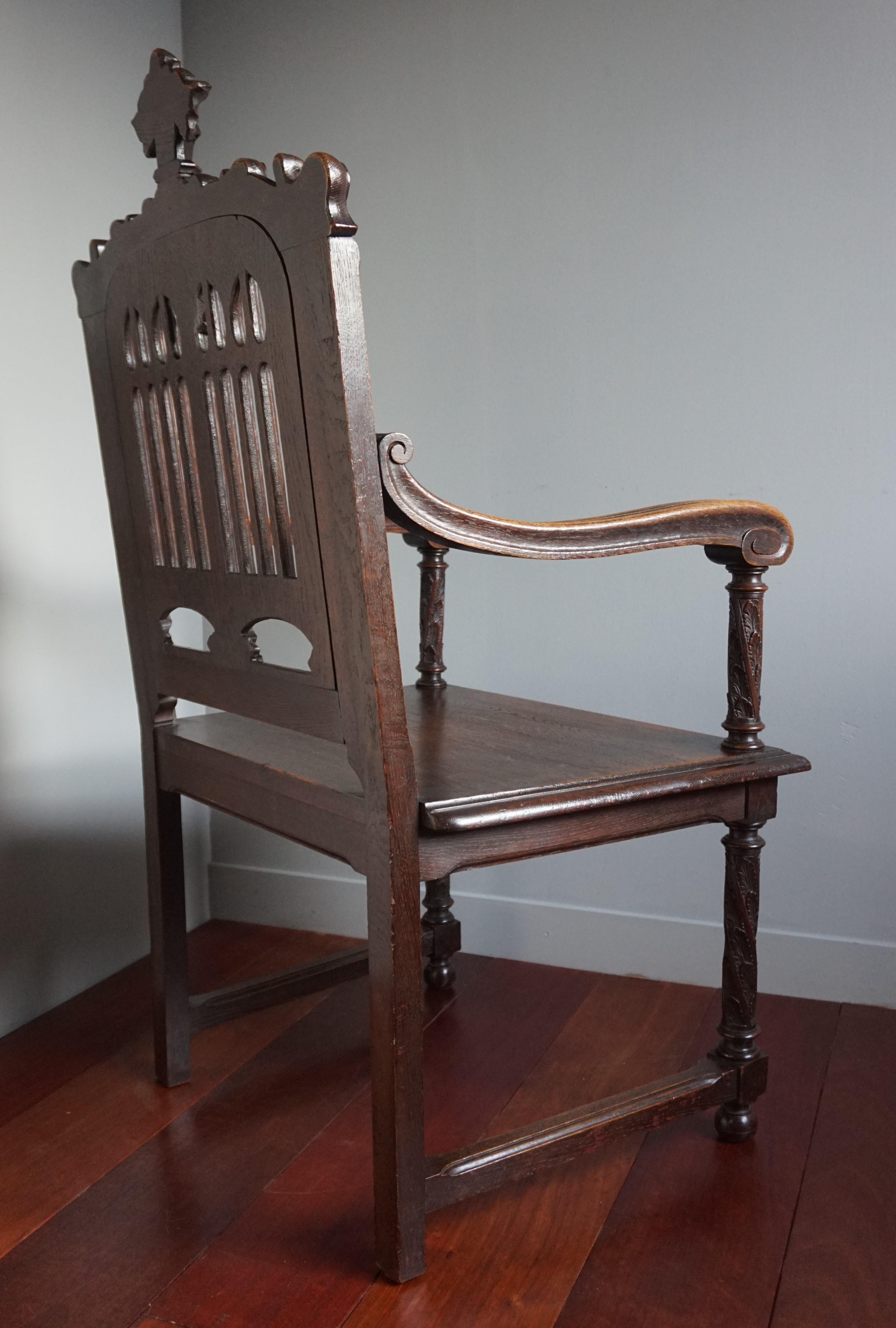 Perfectly Hand Carved and Superb Condition Antique Gothic Revival Armchair Chair For Sale 2