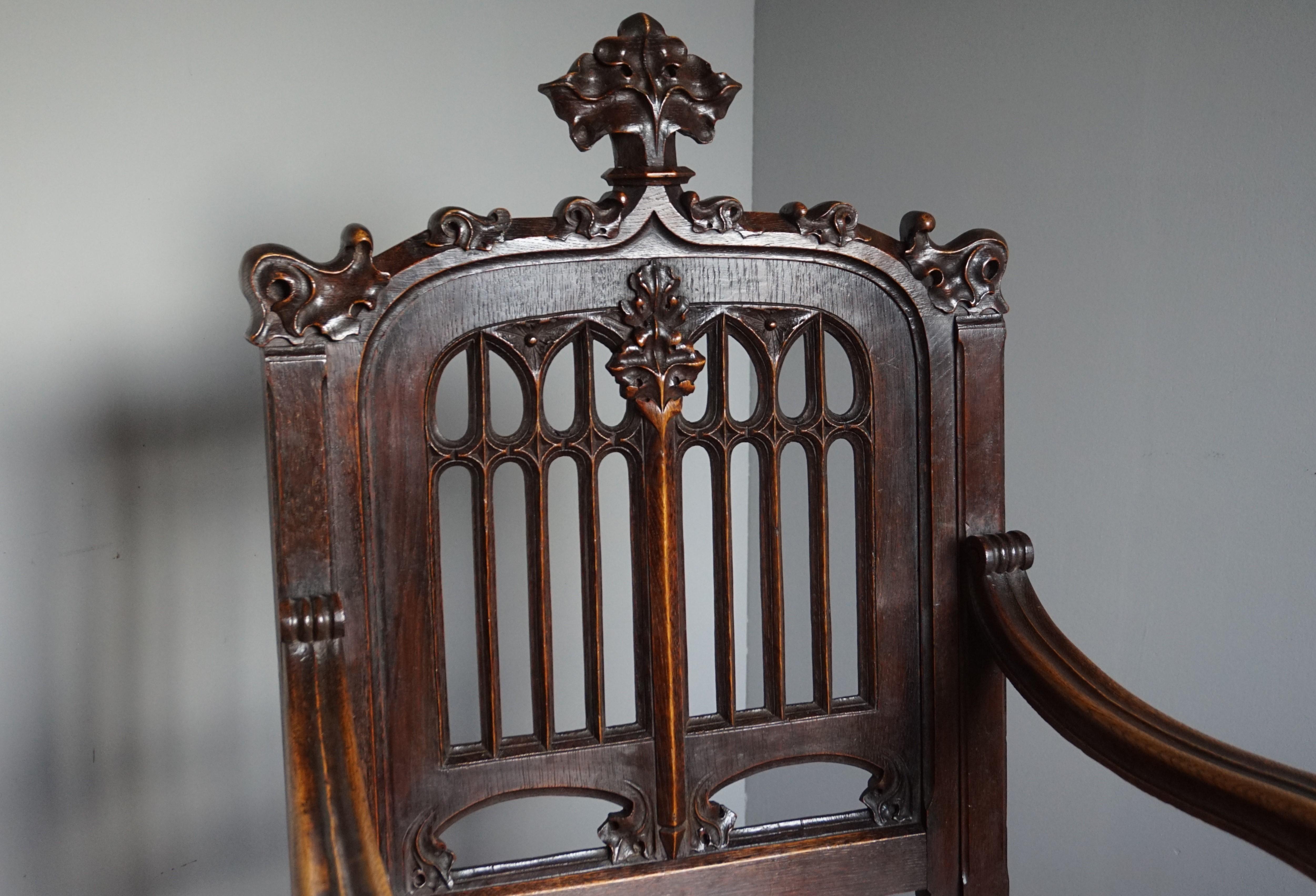 Perfectly Hand Carved and Superb Condition Antique Gothic Revival Armchair Chair For Sale 4