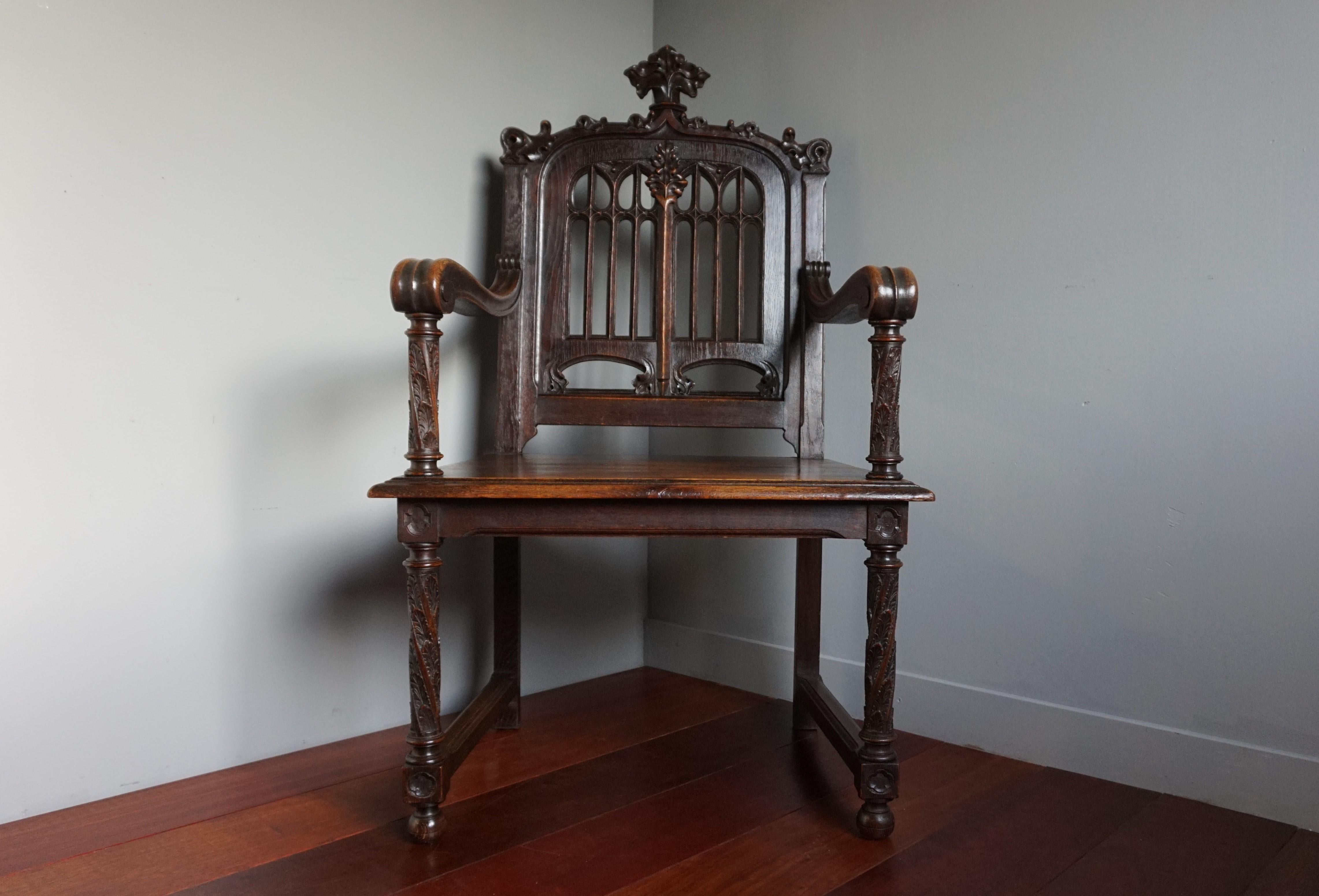 Perfectly Hand Carved and Superb Condition Antique Gothic Revival Armchair Chair For Sale 10