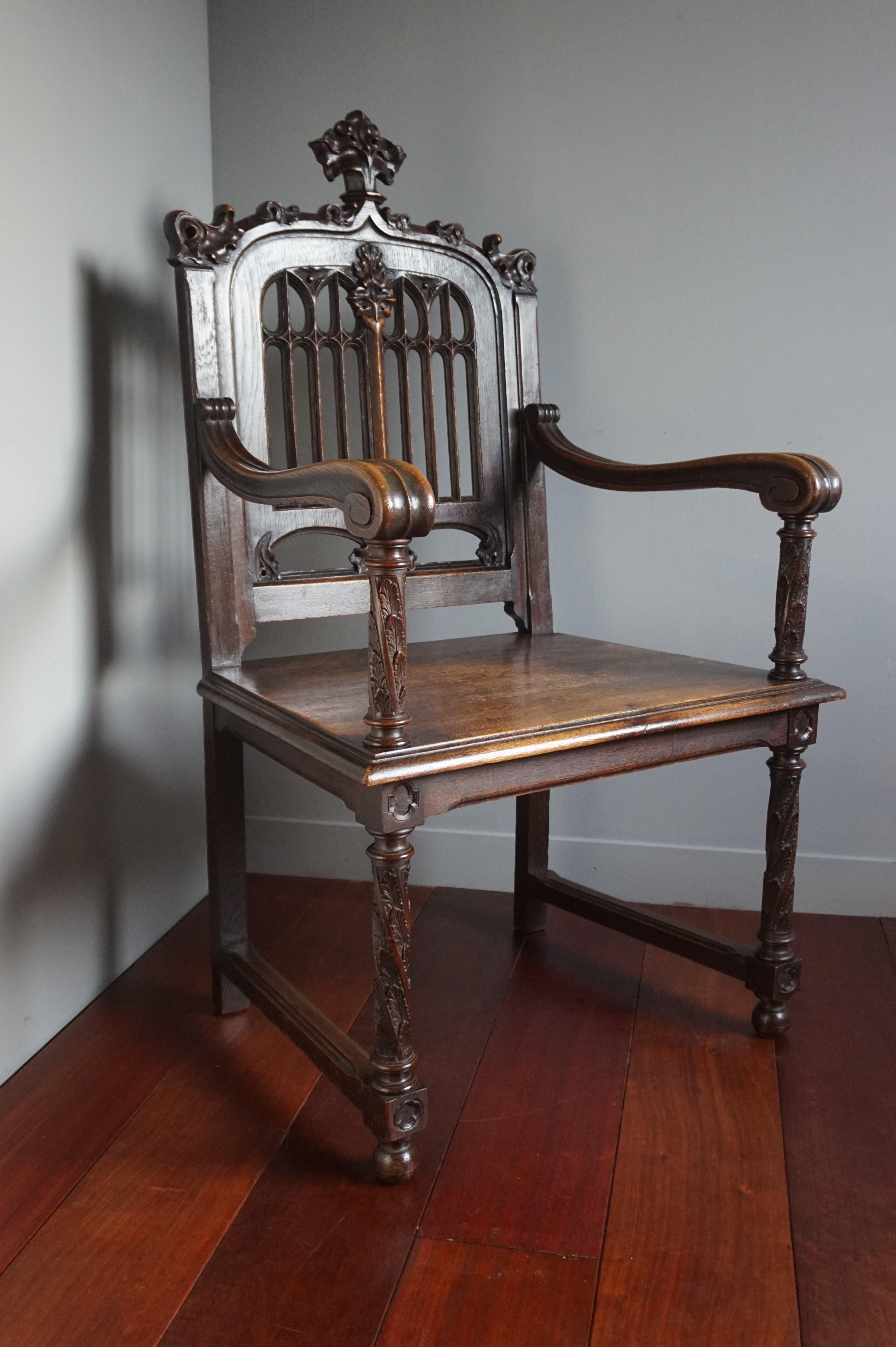 Good size and great condition Gothic, throne-like armchair.

The only way for us to explain the superb condition of this stunning Gothic chair is to assume that it has always been in a church or monastery. It was there where these works of religious