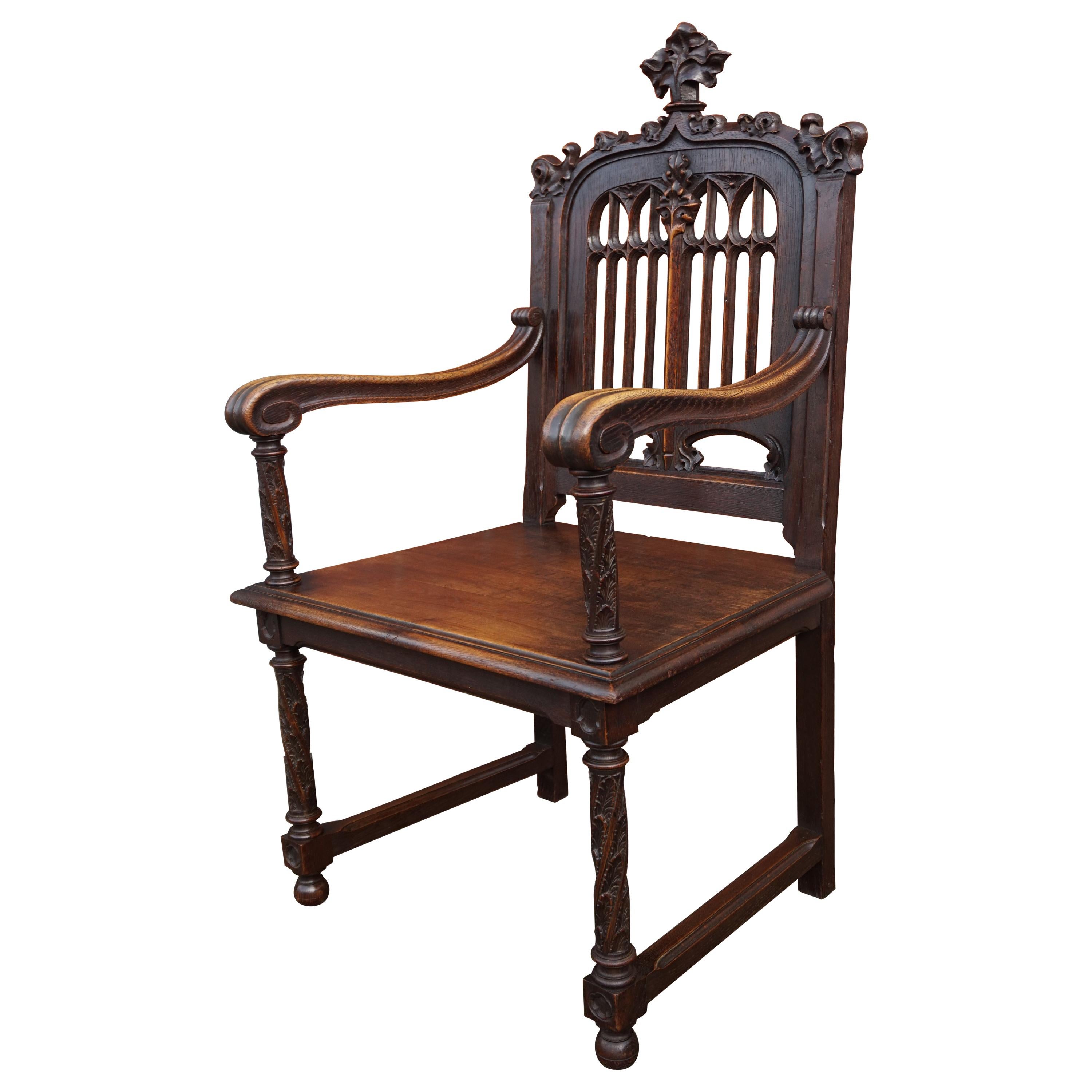 Perfectly Hand Carved and Superb Condition Antique Gothic Revival Armchair Chair For Sale