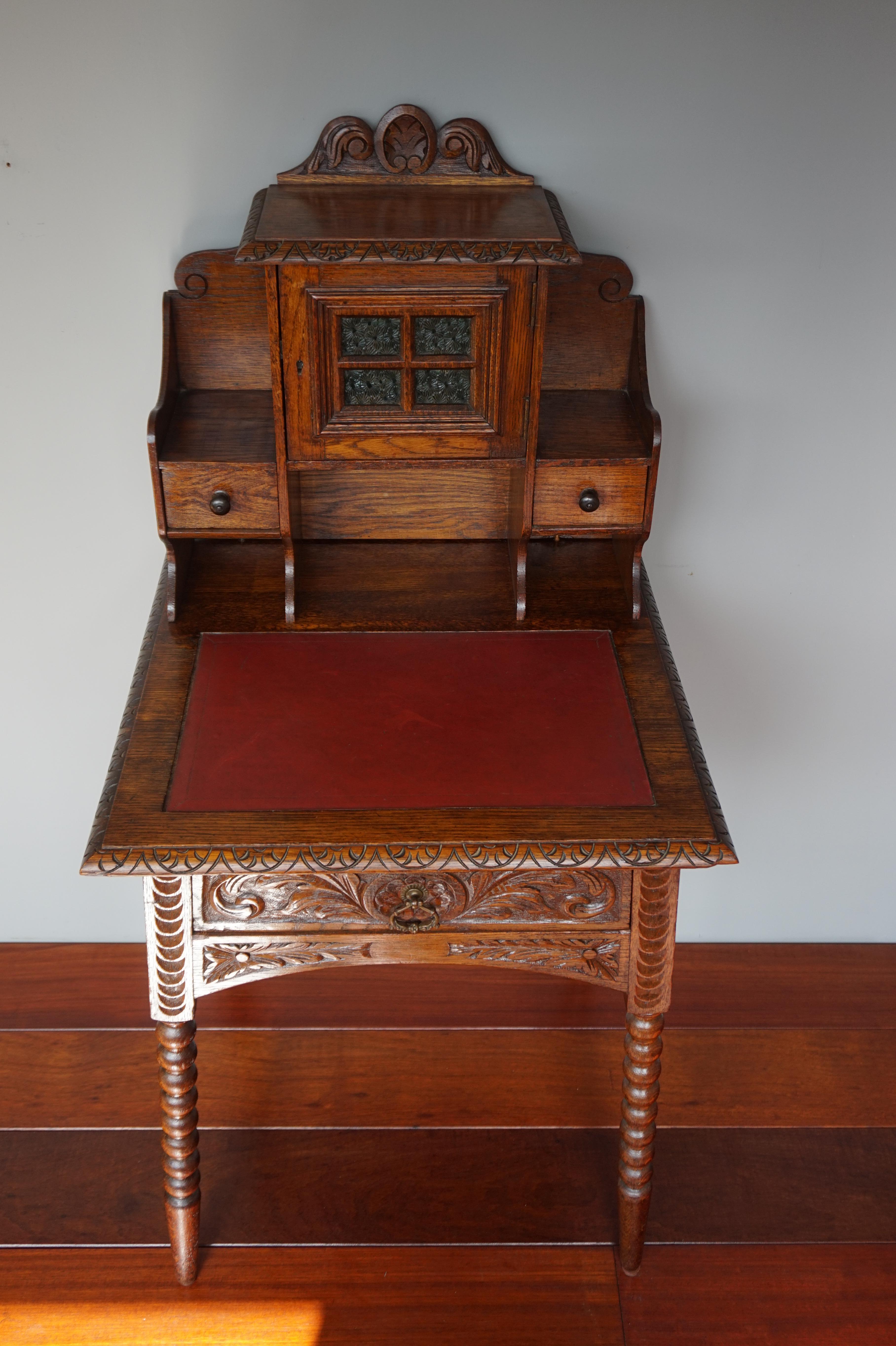 Perfectly Hand Carved Arts & Crafts Oak Ladies Desk with Red Leather Inlaid Top 5