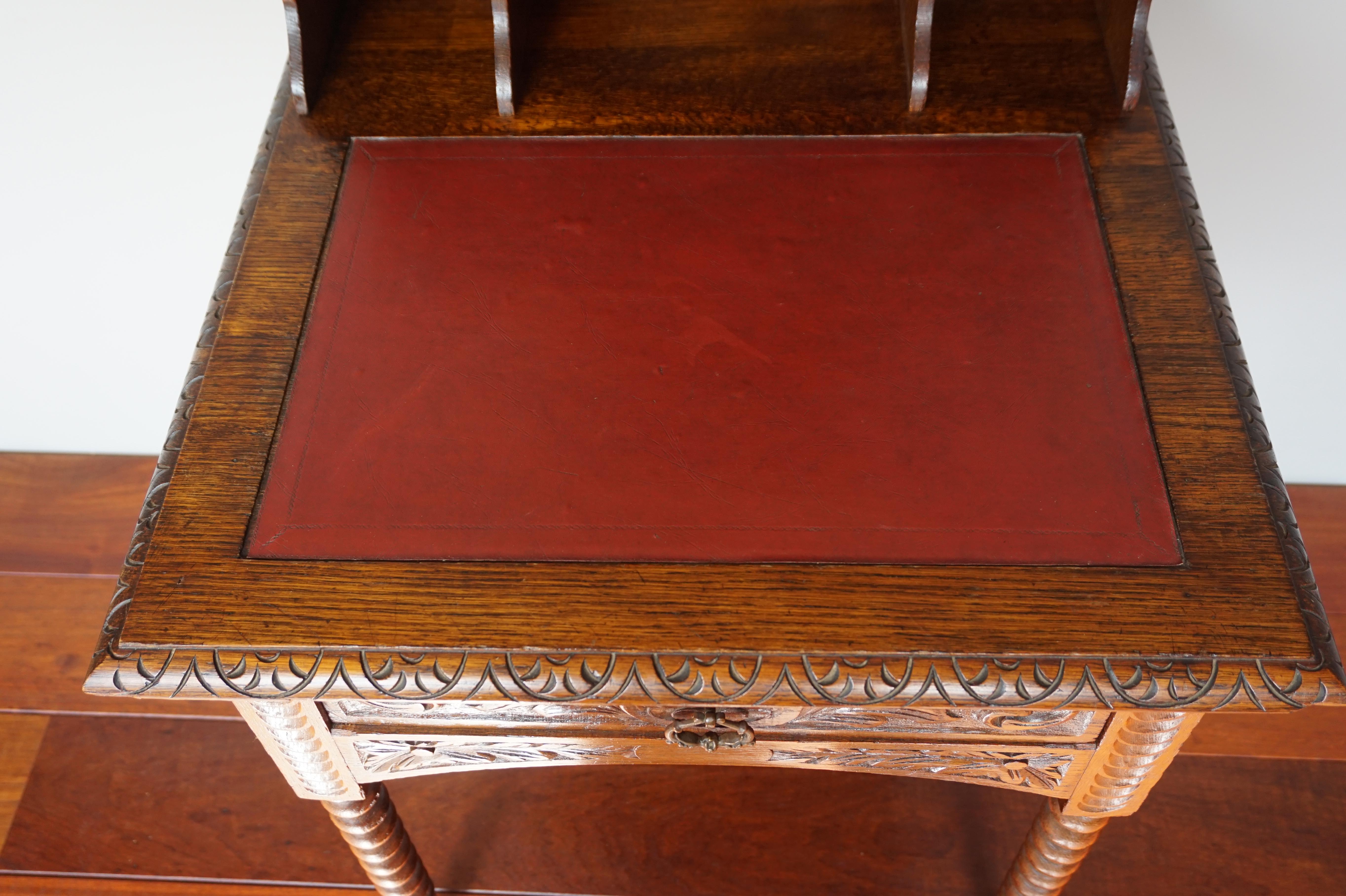 Perfectly Hand Carved Arts & Crafts Oak Ladies Desk with Red Leather Inlaid Top 6