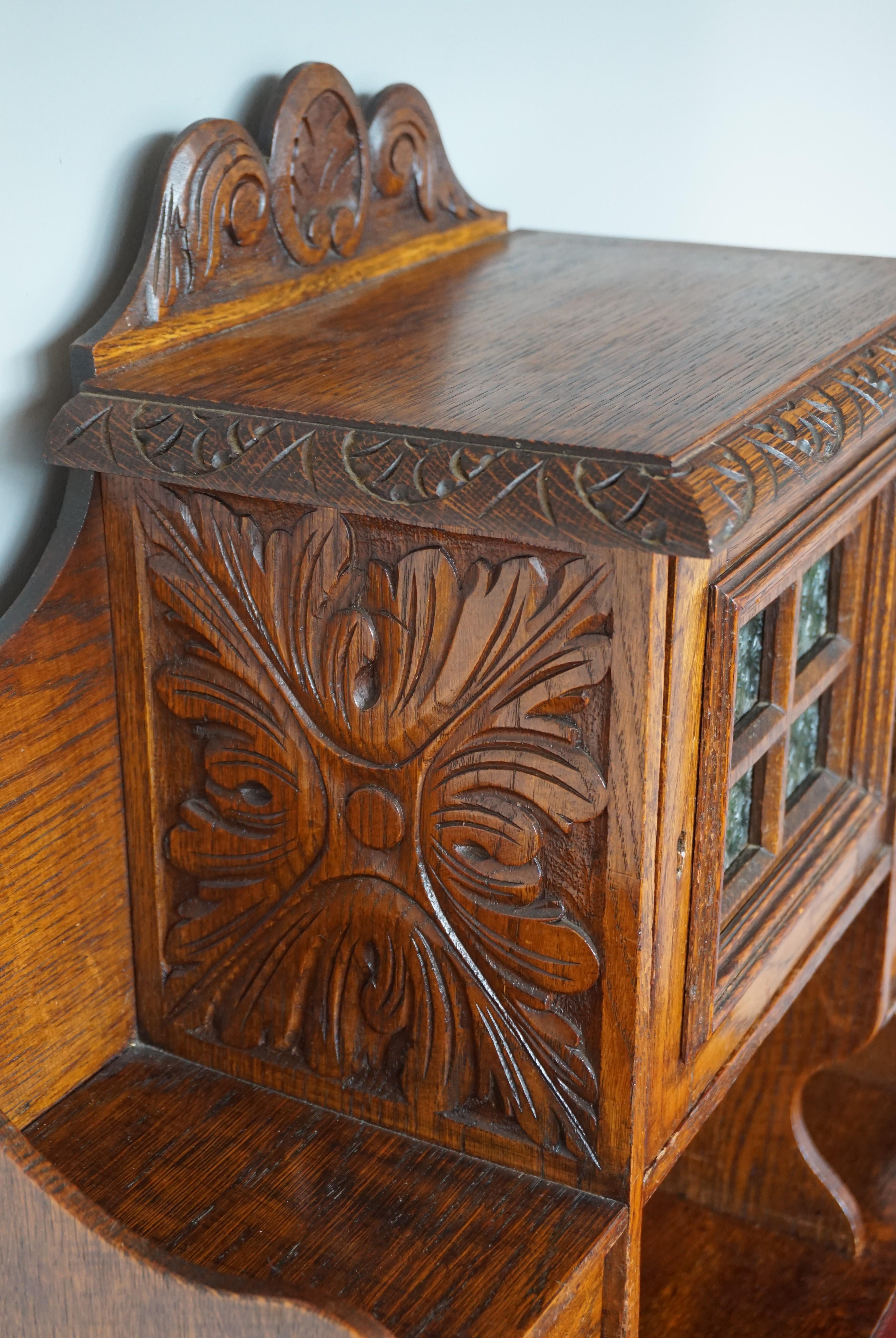 Arts and Crafts Perfectly Hand Carved Arts & Crafts Oak Ladies Desk with Red Leather Inlaid Top