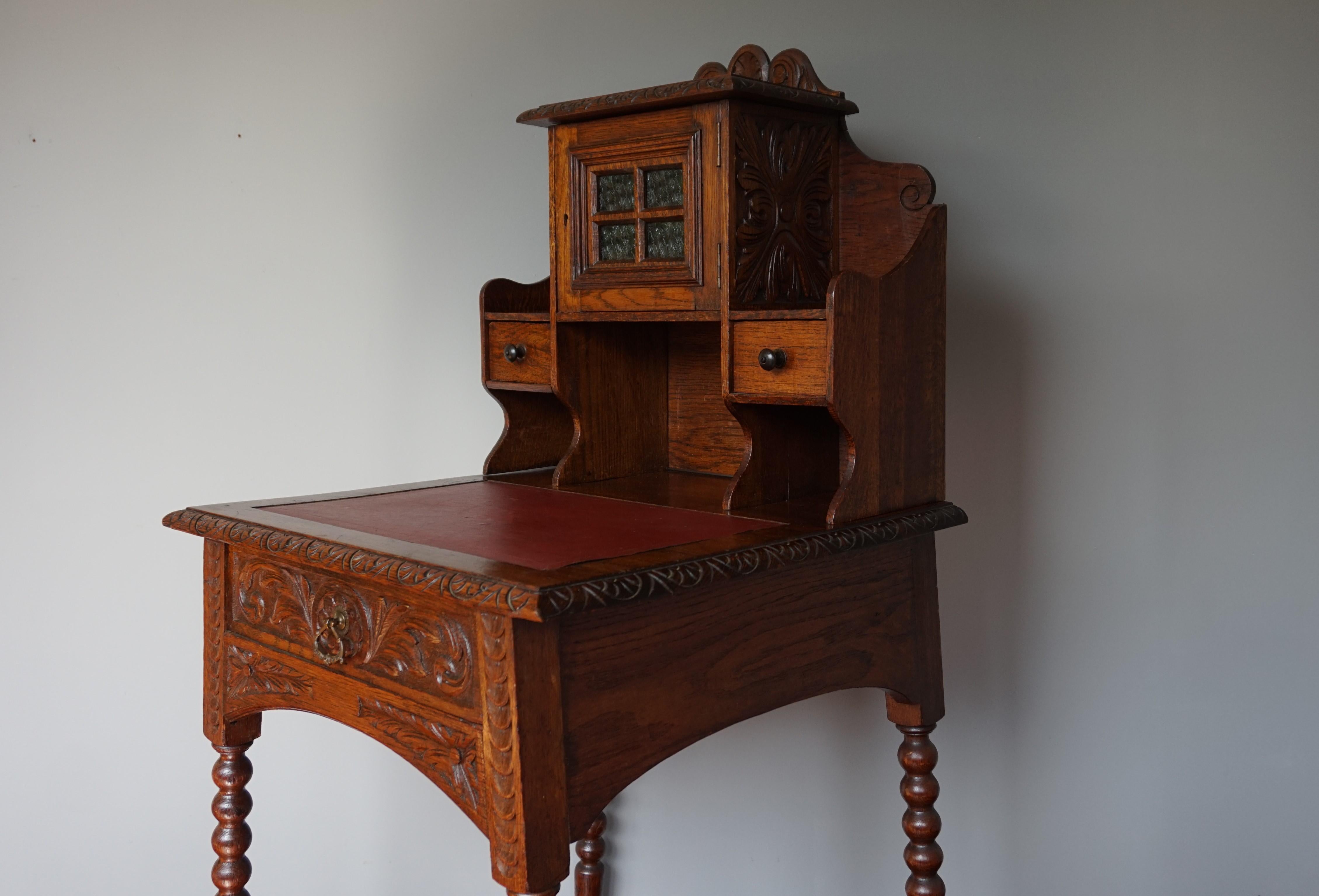 European Perfectly Hand Carved Arts & Crafts Oak Ladies Desk with Red Leather Inlaid Top