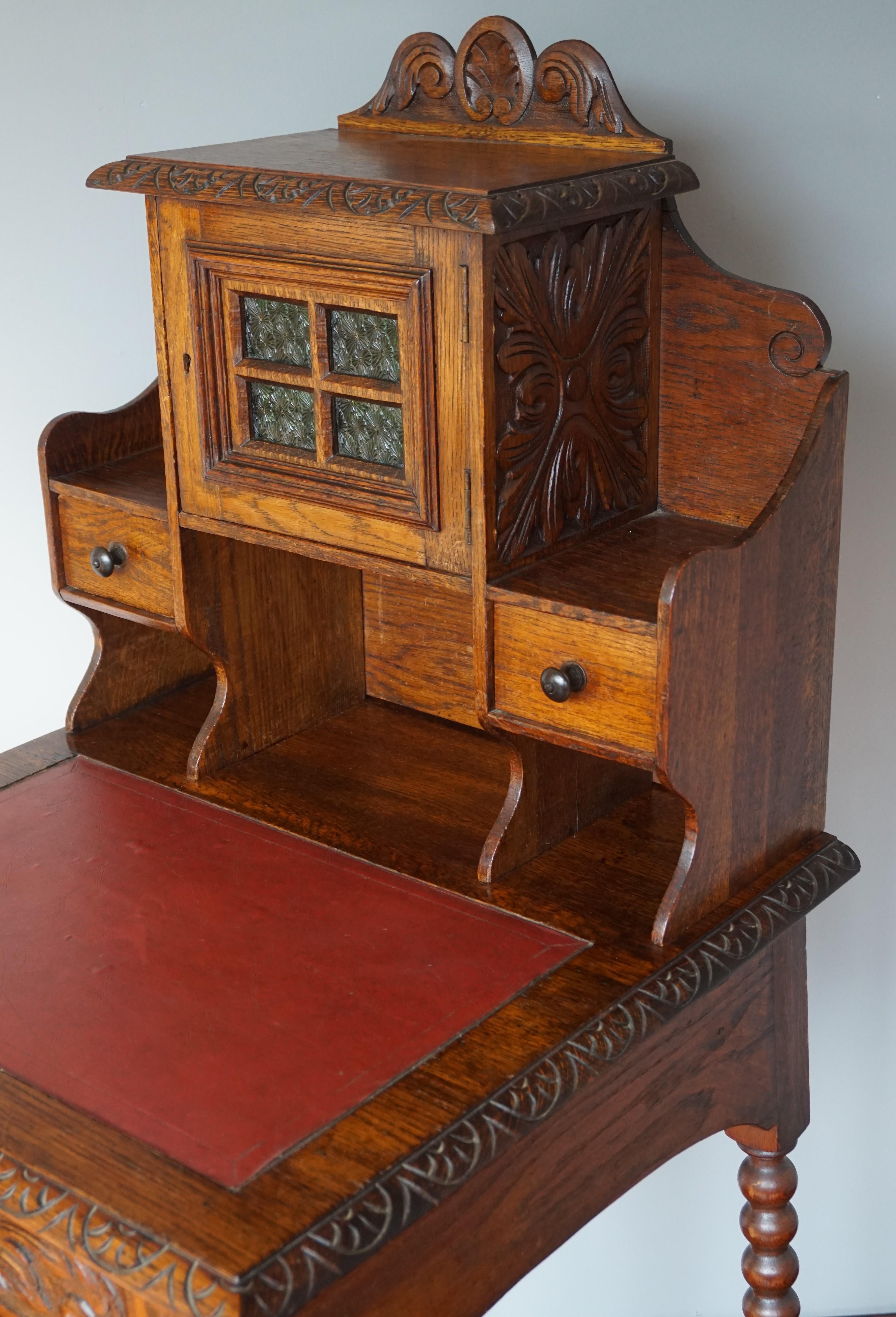 Hand-Carved Perfectly Hand Carved Arts & Crafts Oak Ladies Desk with Red Leather Inlaid Top