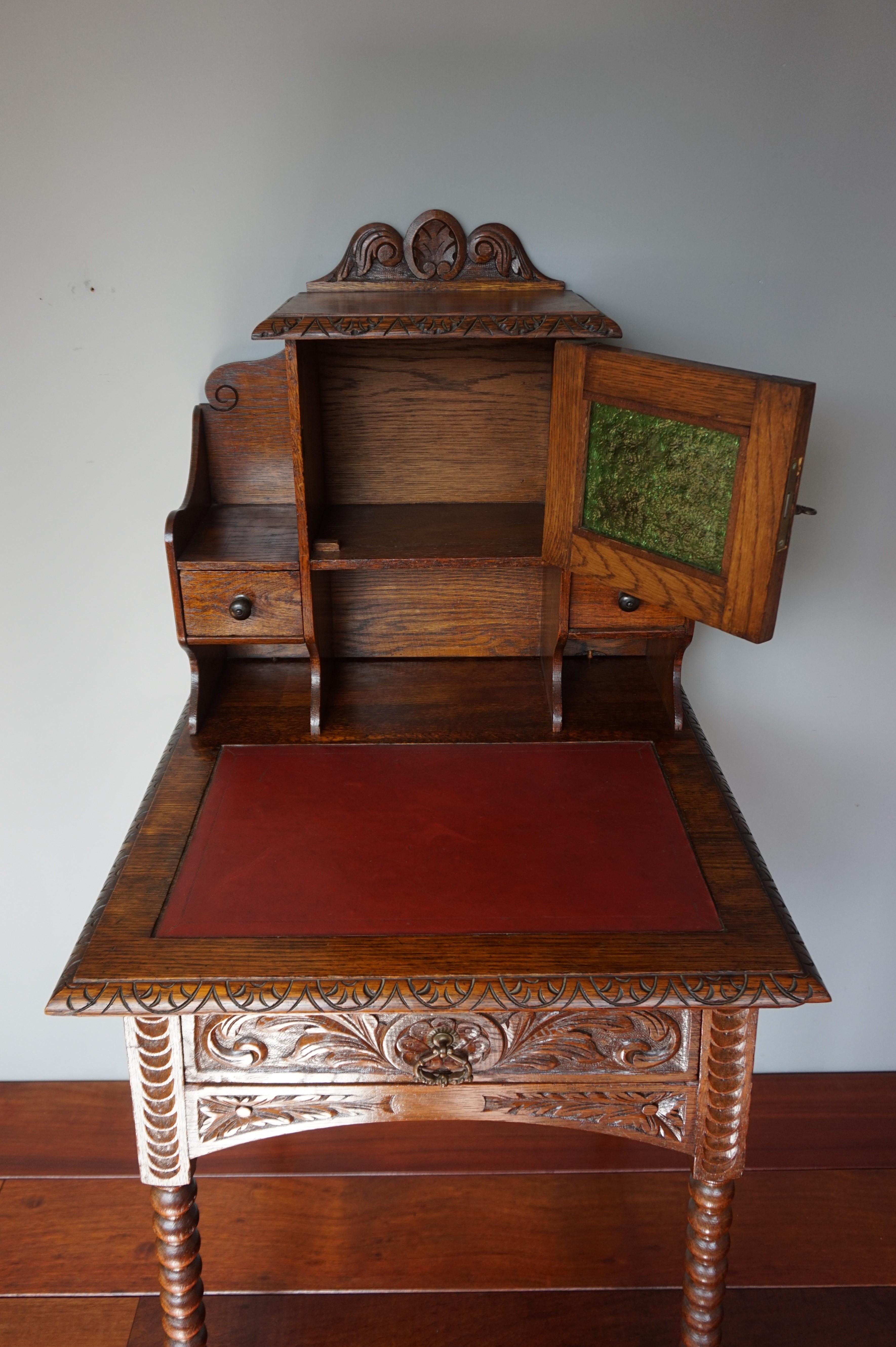 Perfectly Hand Carved Arts & Crafts Oak Ladies Desk with Red Leather Inlaid Top 2
