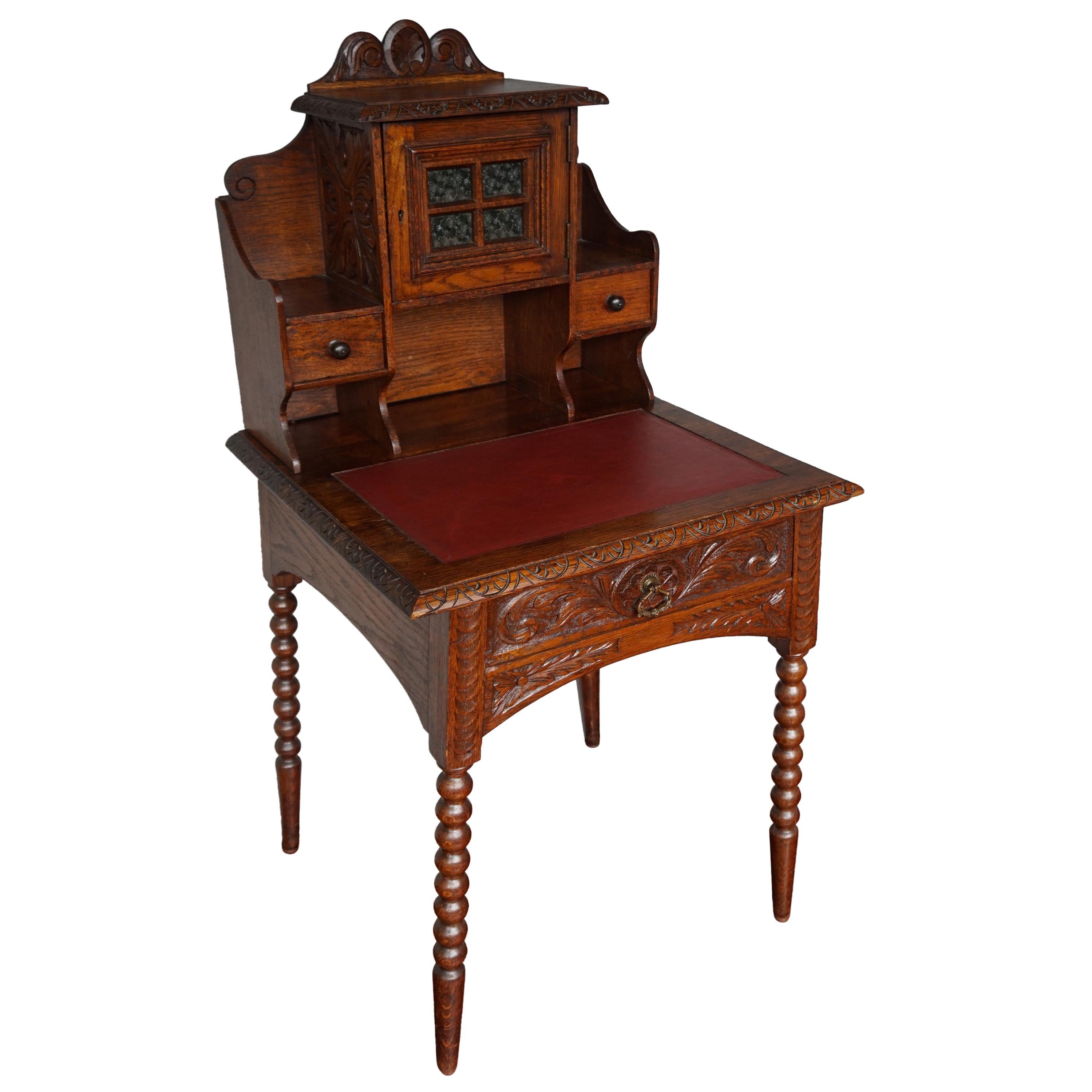 Perfectly Hand Carved Arts & Crafts Oak Ladies Desk with Red Leather Inlaid Top