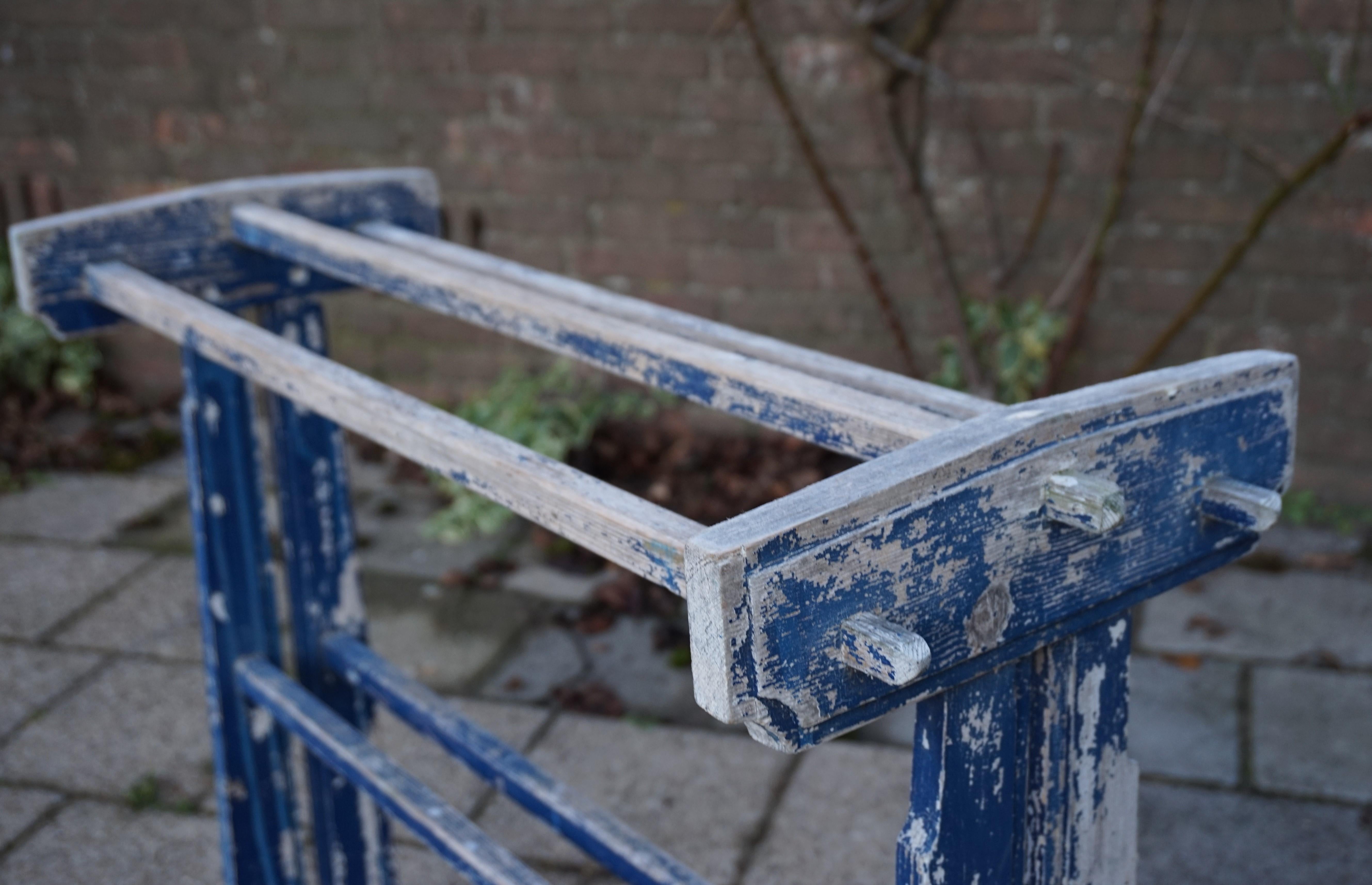 Perfectly Original, Time Worn and Blue Painted Art Deco Towel or Painting Rack For Sale 3