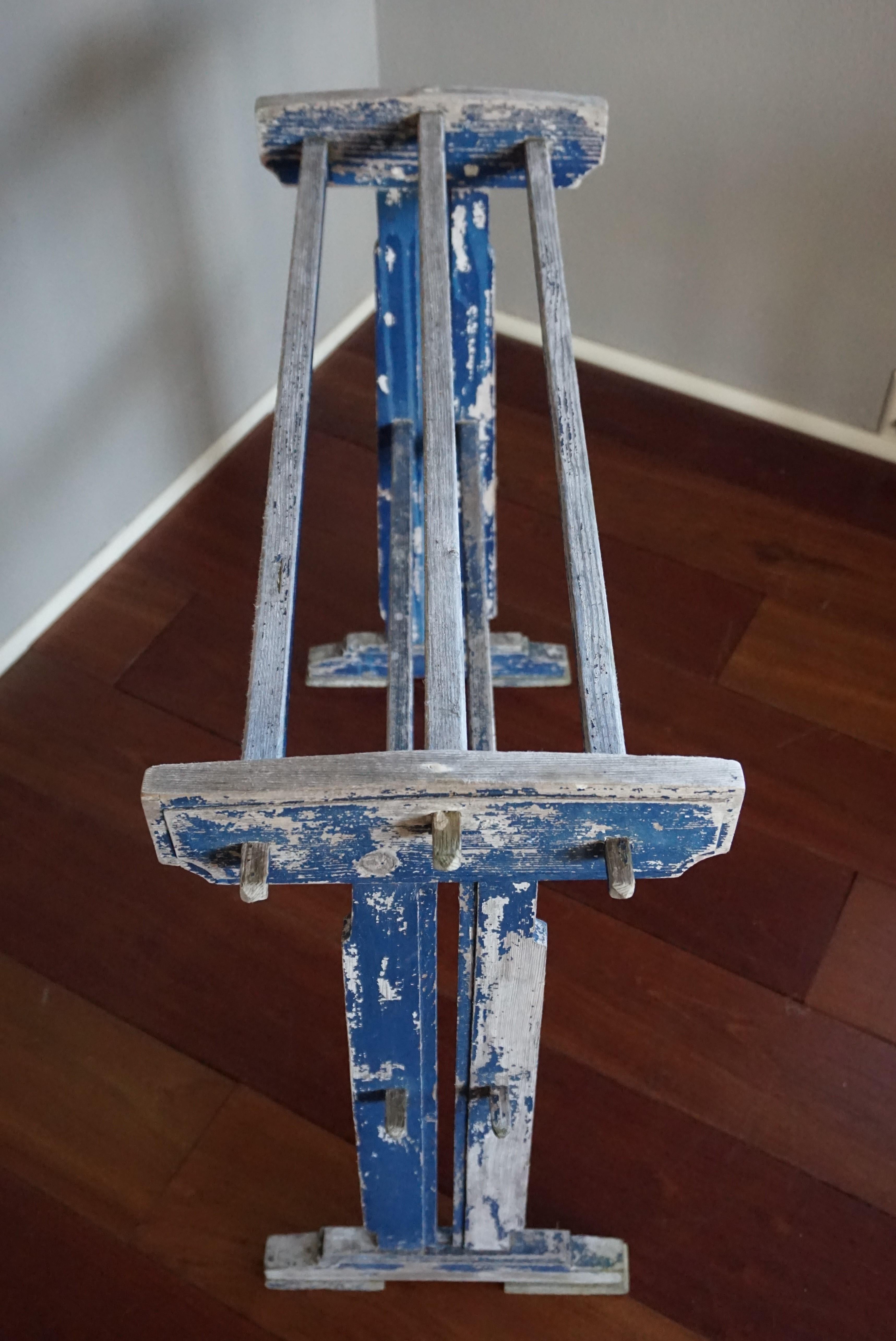 Dutch Perfectly Original, Time Worn and Blue Painted Art Deco Towel or Painting Rack For Sale