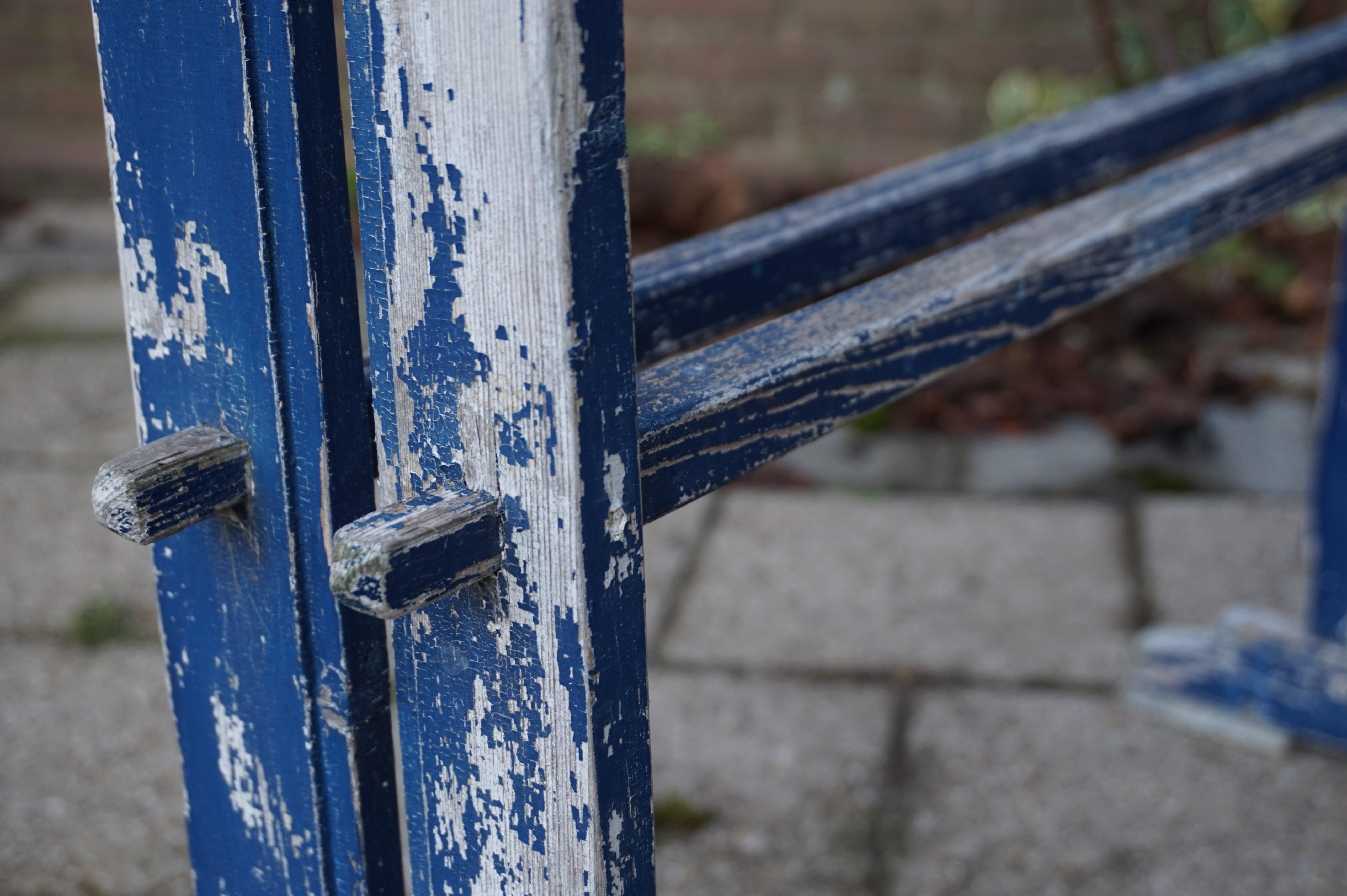 Wood Perfectly Original, Time Worn and Blue Painted Art Deco Towel or Painting Rack For Sale