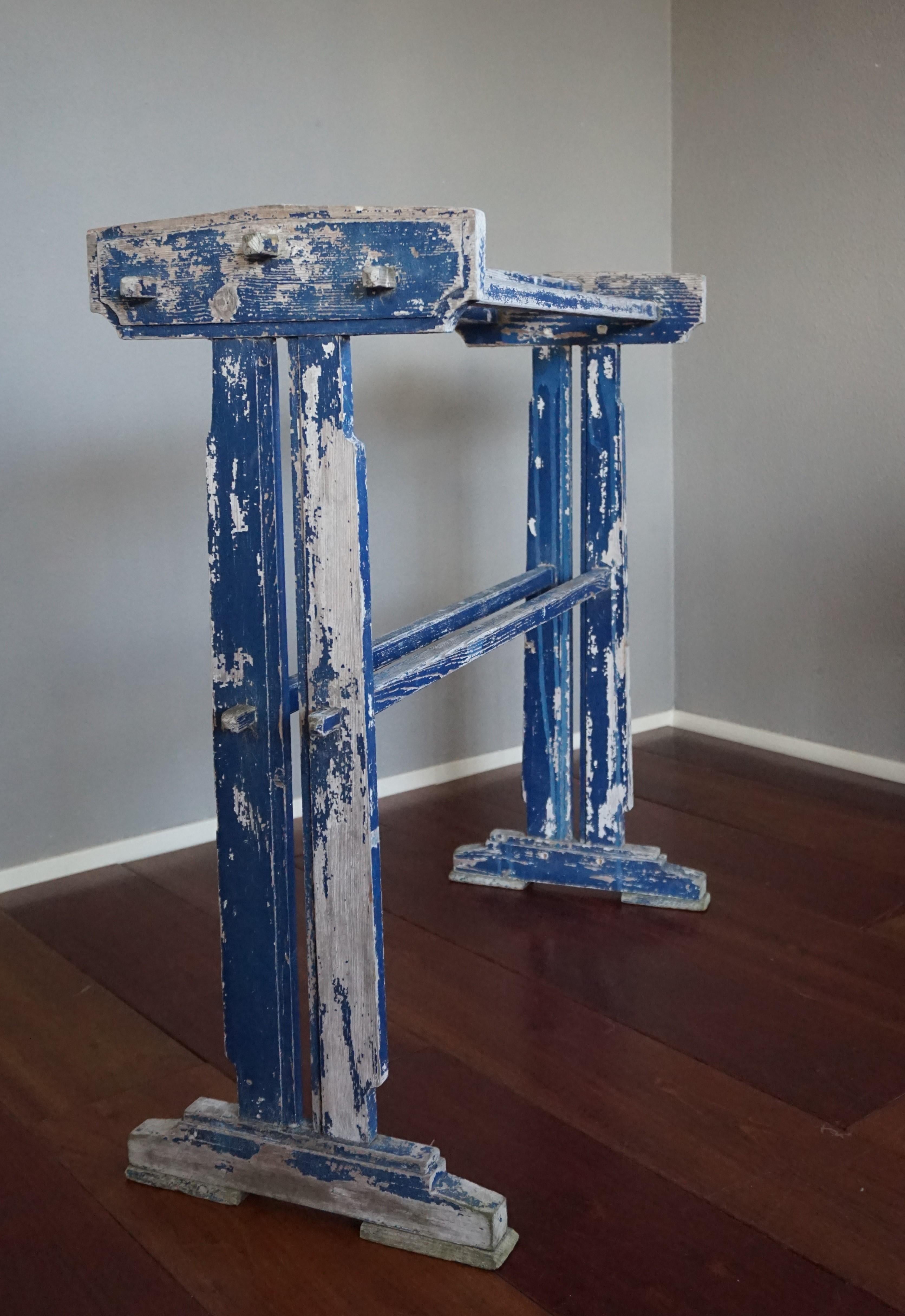 Perfectly Original, Time Worn and Blue Painted Art Deco Towel or Painting Rack For Sale 1
