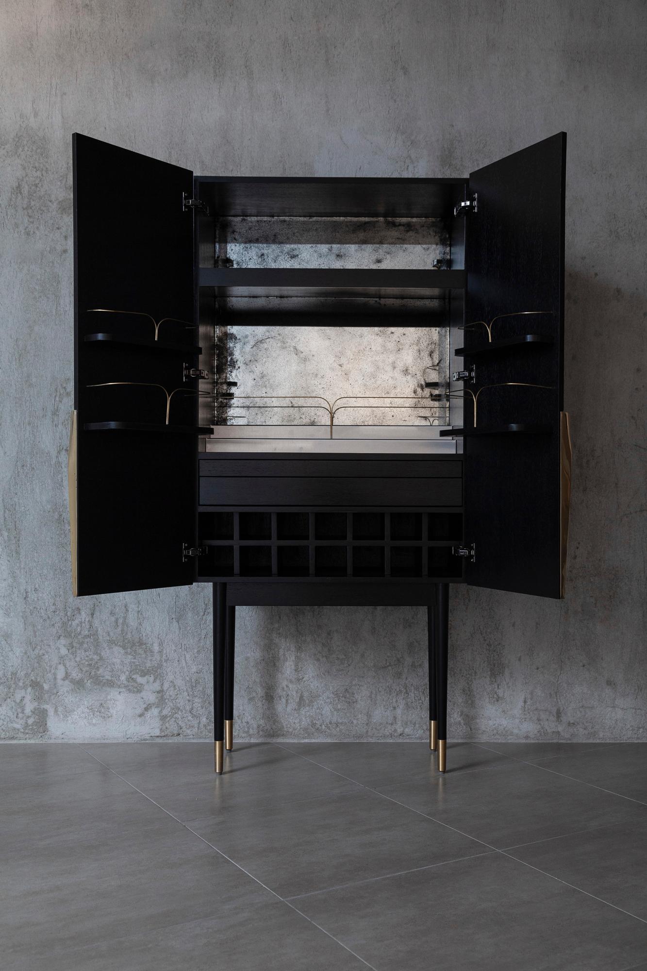 Art Deco PERFIDIA_01 Bar Cabinet in Solid Wood and Casted Bronze Details by ANDEAN For Sale