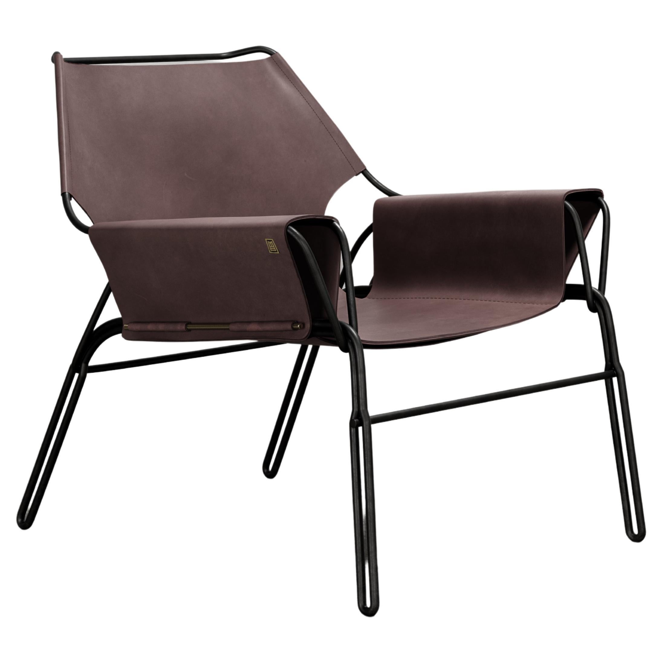 PERFIDIA_02 Cognac Thick Leather Sling Lounge Chair in Black Steel by ANDEAN