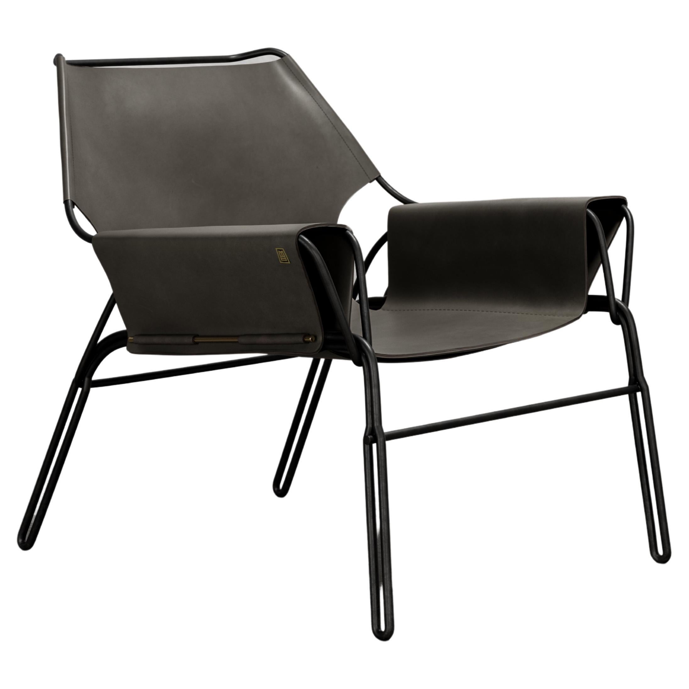 PERFIDIA_02 Olivo Thick Leather Sling Lounge Chair in Black Steel by ANDEAN For Sale