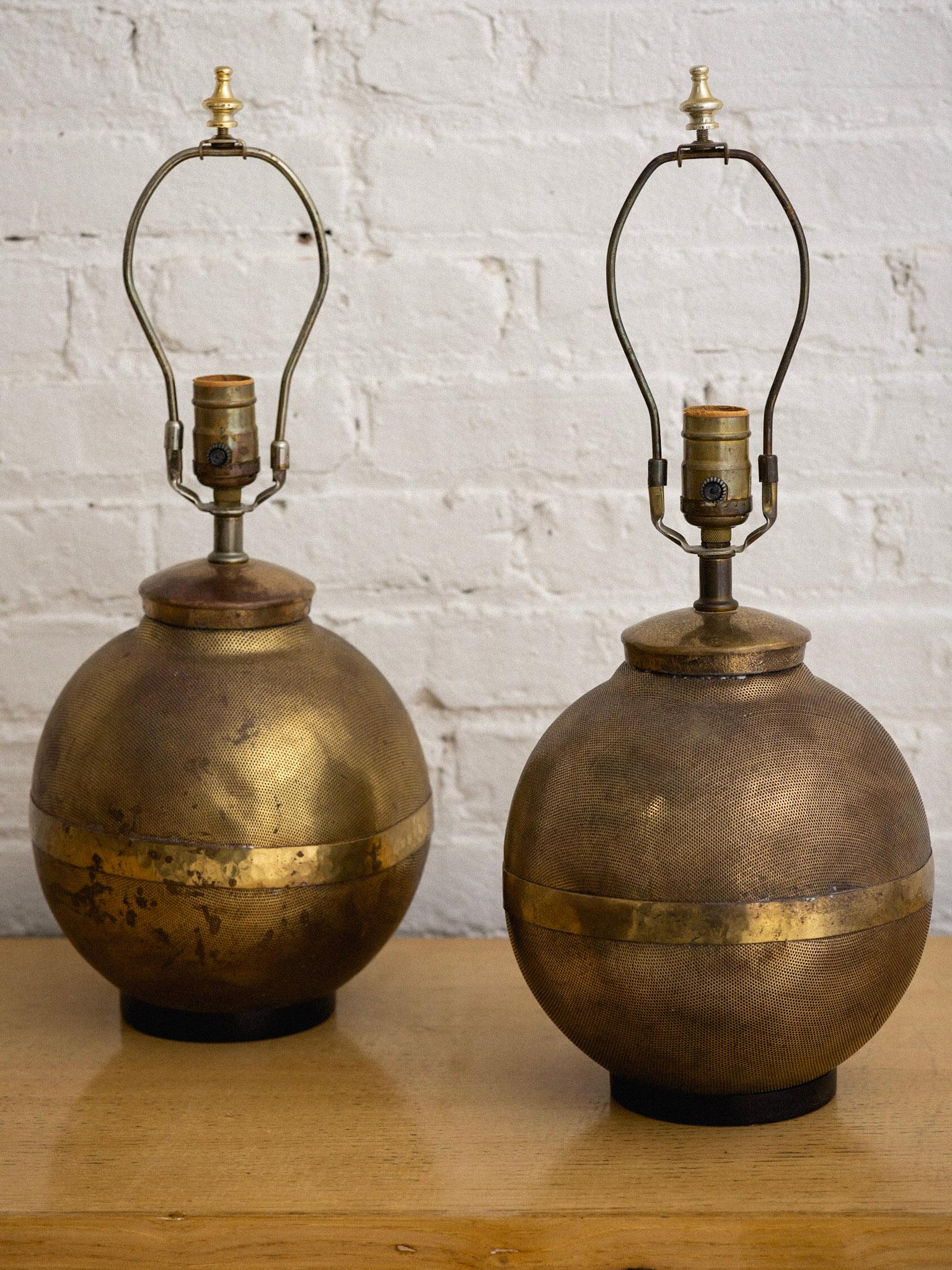 Chinoiserie Perforated Brass Globe Lamps, a Pair