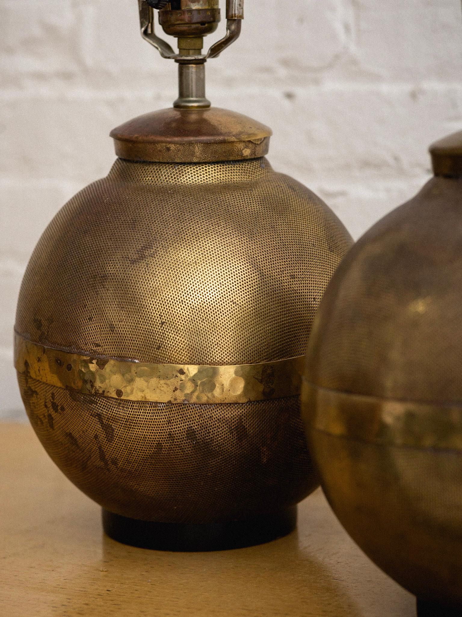 20th Century Perforated Brass Globe Lamps, a Pair
