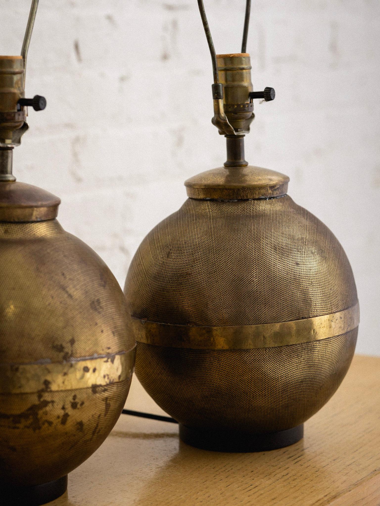 Perforated Brass Globe Lamps, a Pair 2
