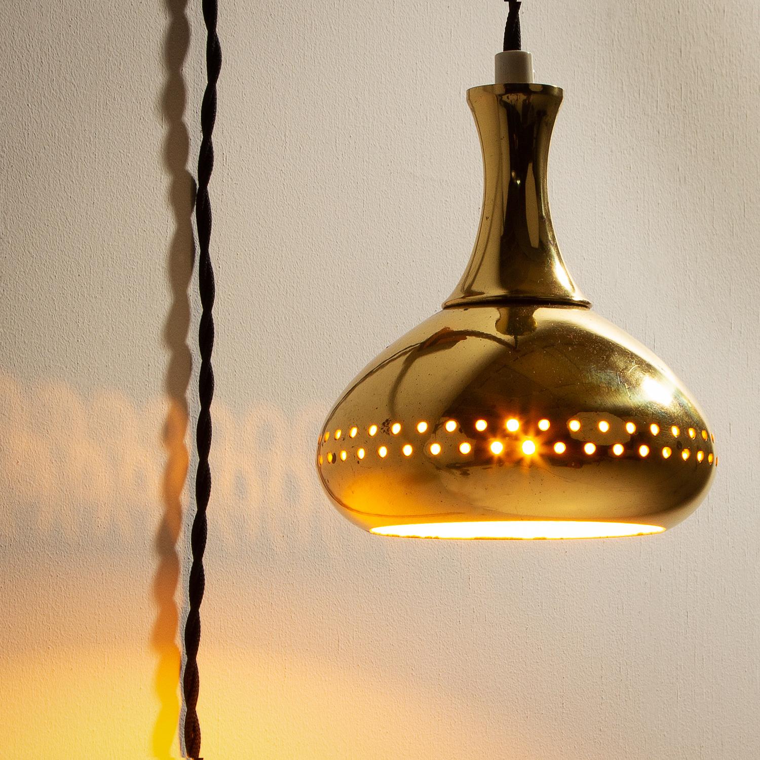 Perforated Brass Pendant Wall Light by Hans-Agne Jakobsson, Sweden, 1950s In Good Condition In Berkhamsted, GB