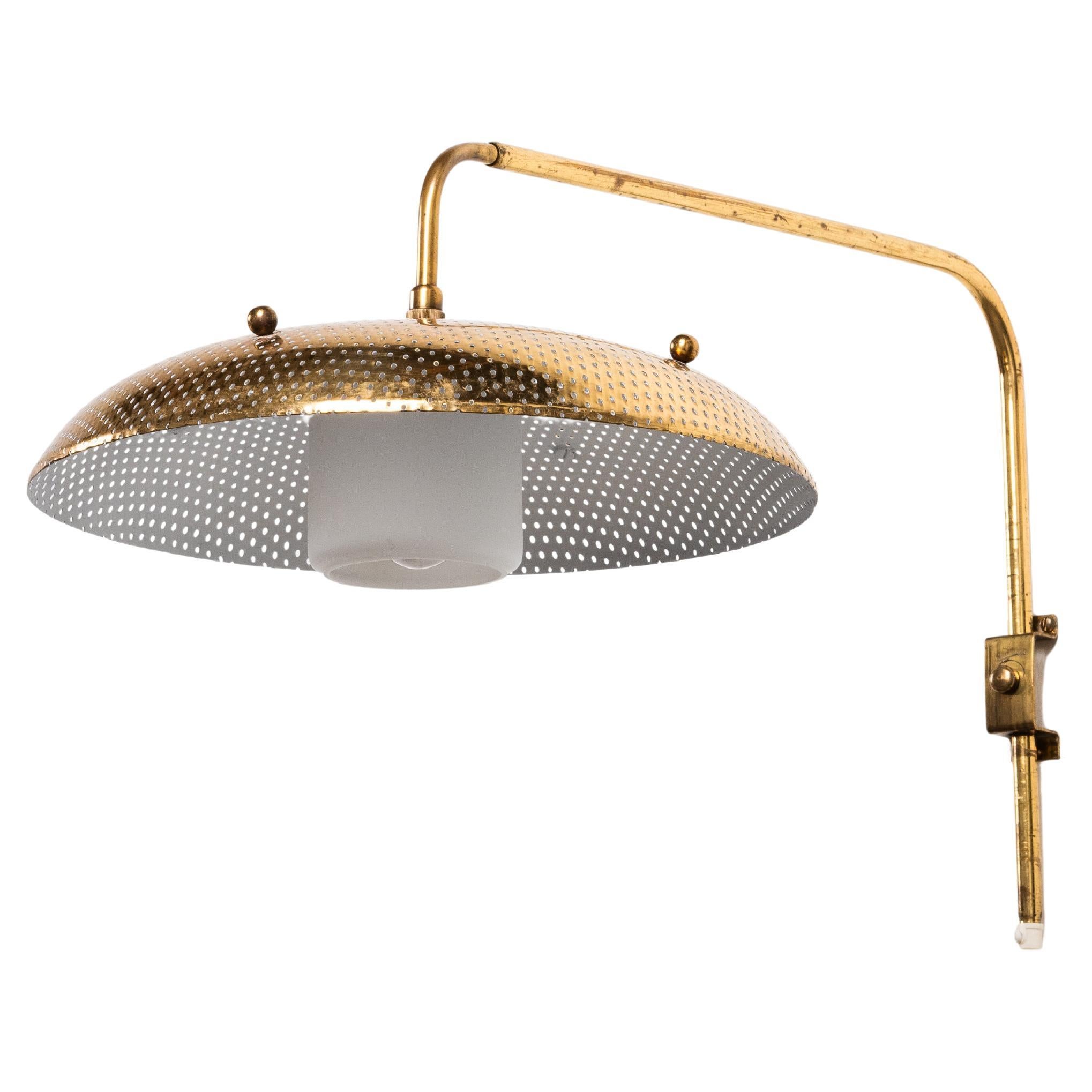 Perforated Brass Shade 
Opaline Glass Wall Light by Valinte Oy, Finland, 1950s