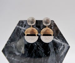 Perforated Dangling Flat Button Pavé Diamond Earrings in 18K White and Rose Gold