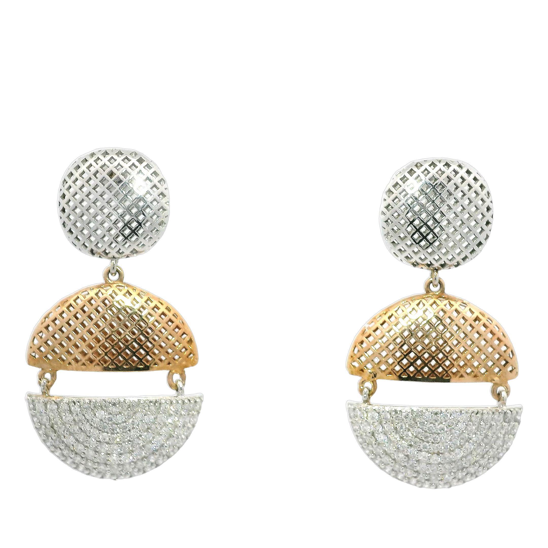 Modern Perforated Dangling Flat Button Pavé Diamond Earrings in 18K White and Rose Gold For Sale