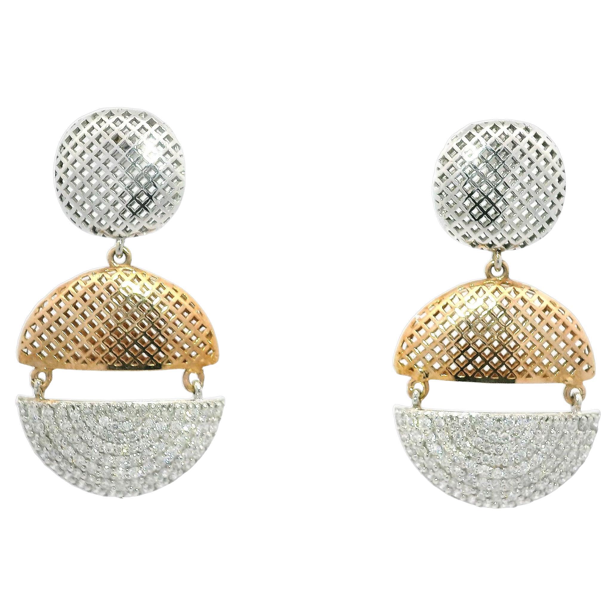 Perforated Dangling Flat Button Pavé Diamond Earrings in 18K White and Rose Gold For Sale