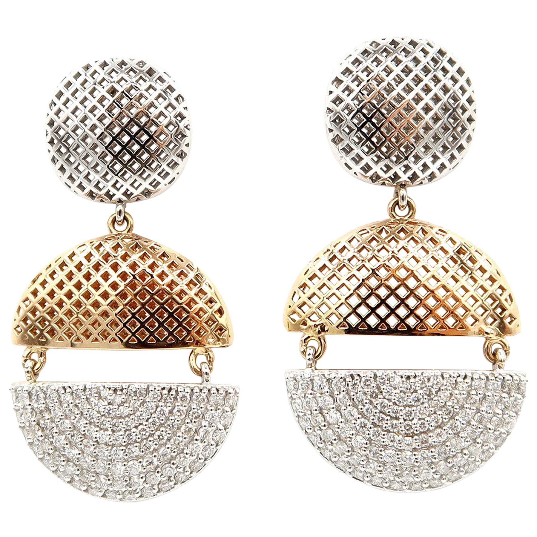 Perforated Dangling Flat Button Pavé Diamond Earrings in 18K White and Rose Gold For Sale