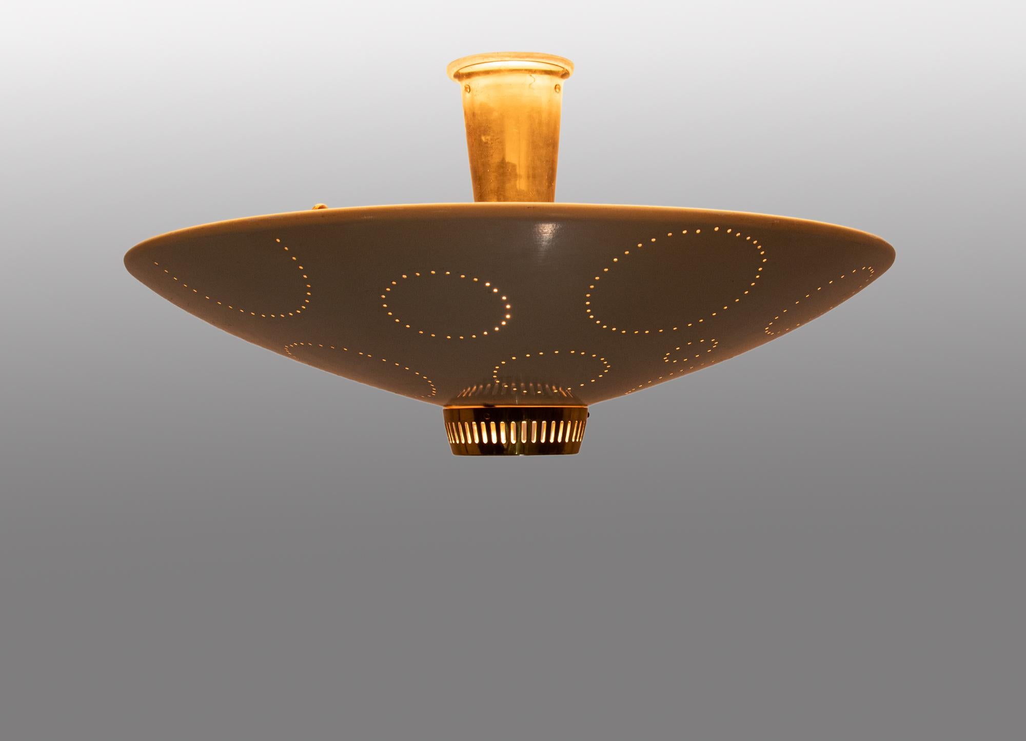 Mid-Century Modern Perforated Flush Mount Ceiling Light Cream & Brass by Belmag, Switzerland 1950s For Sale