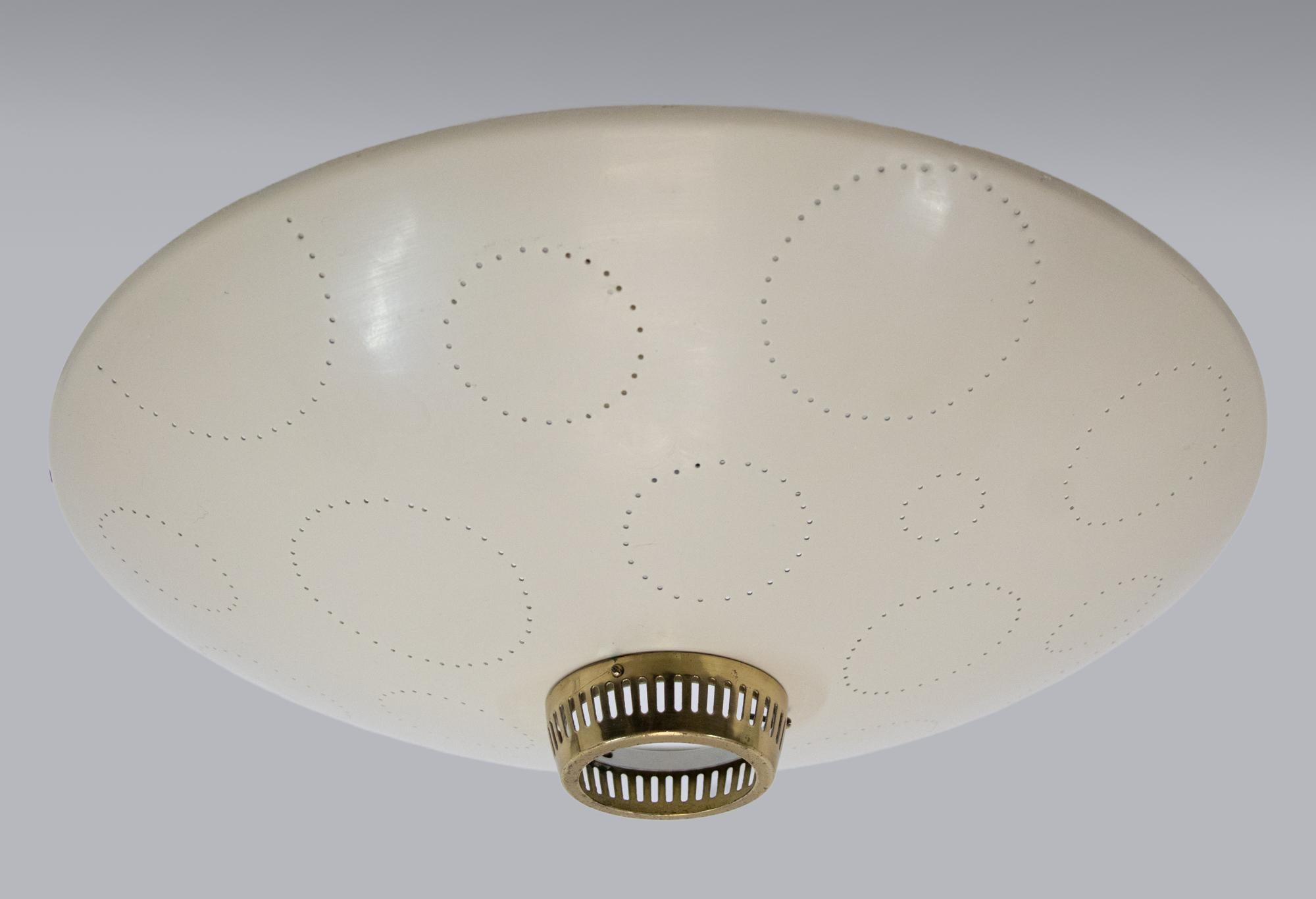 Swiss Perforated Flush Mount Ceiling Light Cream & Brass by Belmag, Switzerland 1950s For Sale